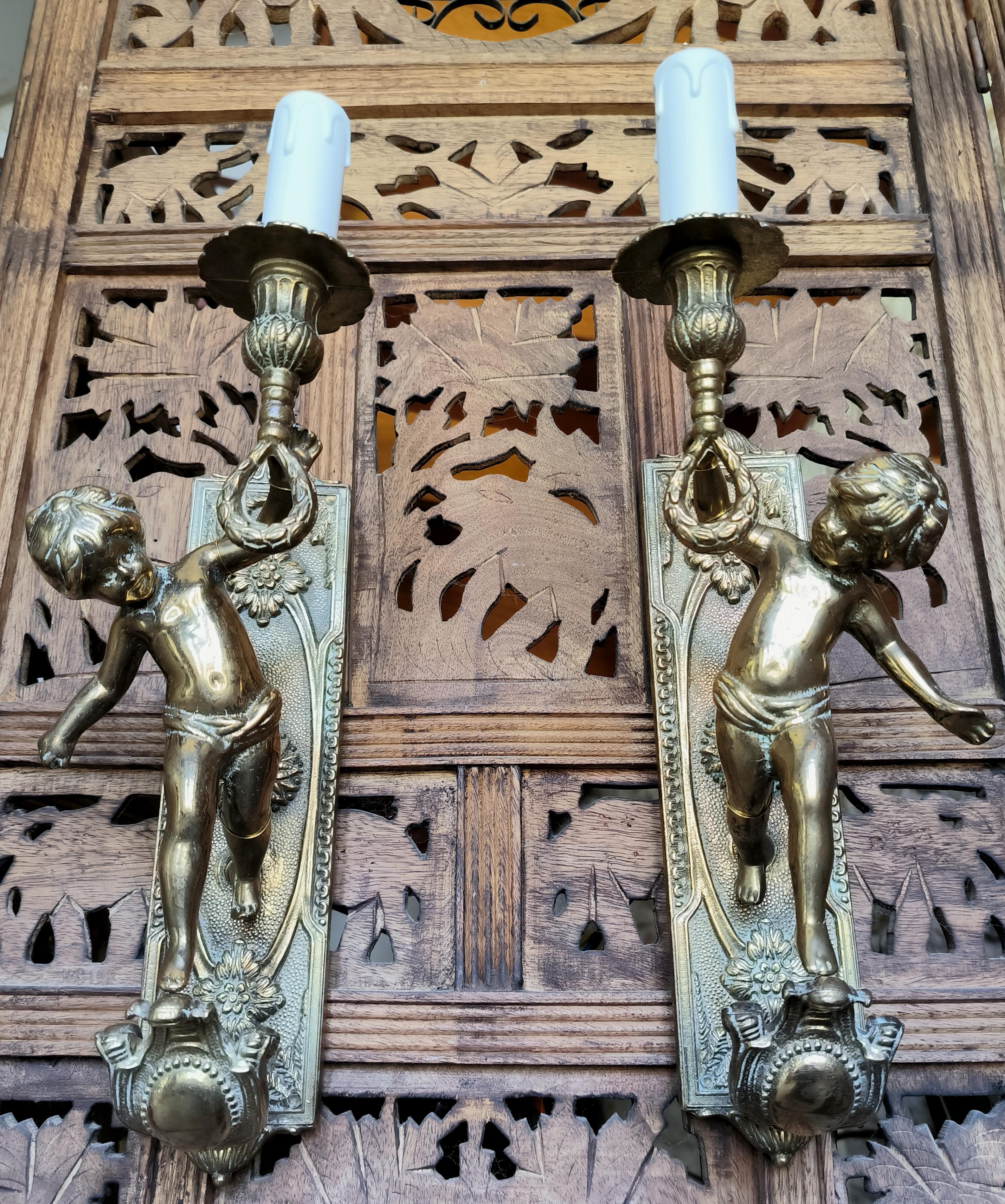 Pair of Italian, Neoclassical style, solid bronze Cherub sconces. Circa 1950s 7