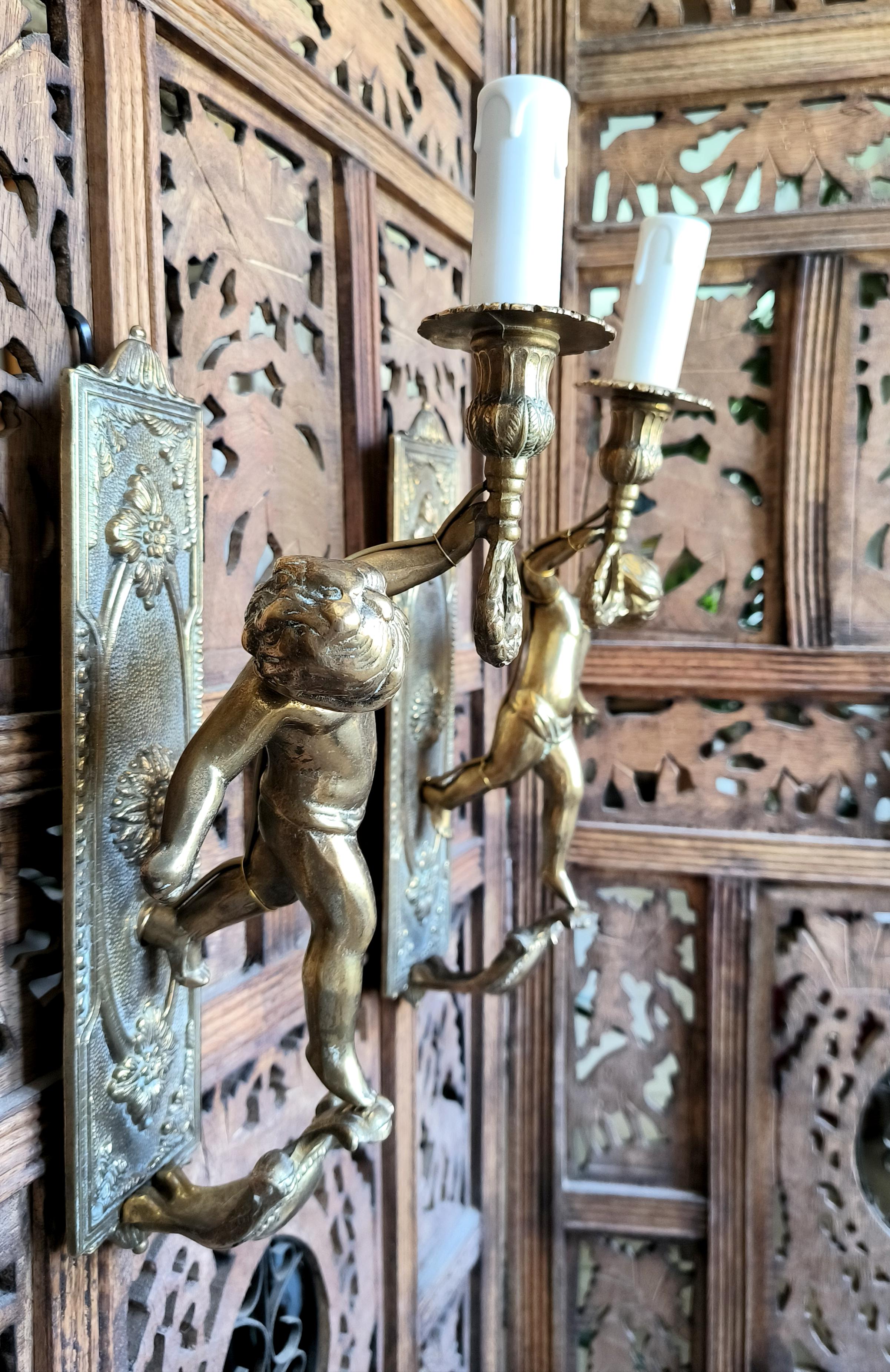 Pair of Italian, Neoclassical style, solid bronze Cherub sconces. Circa 1950s 8
