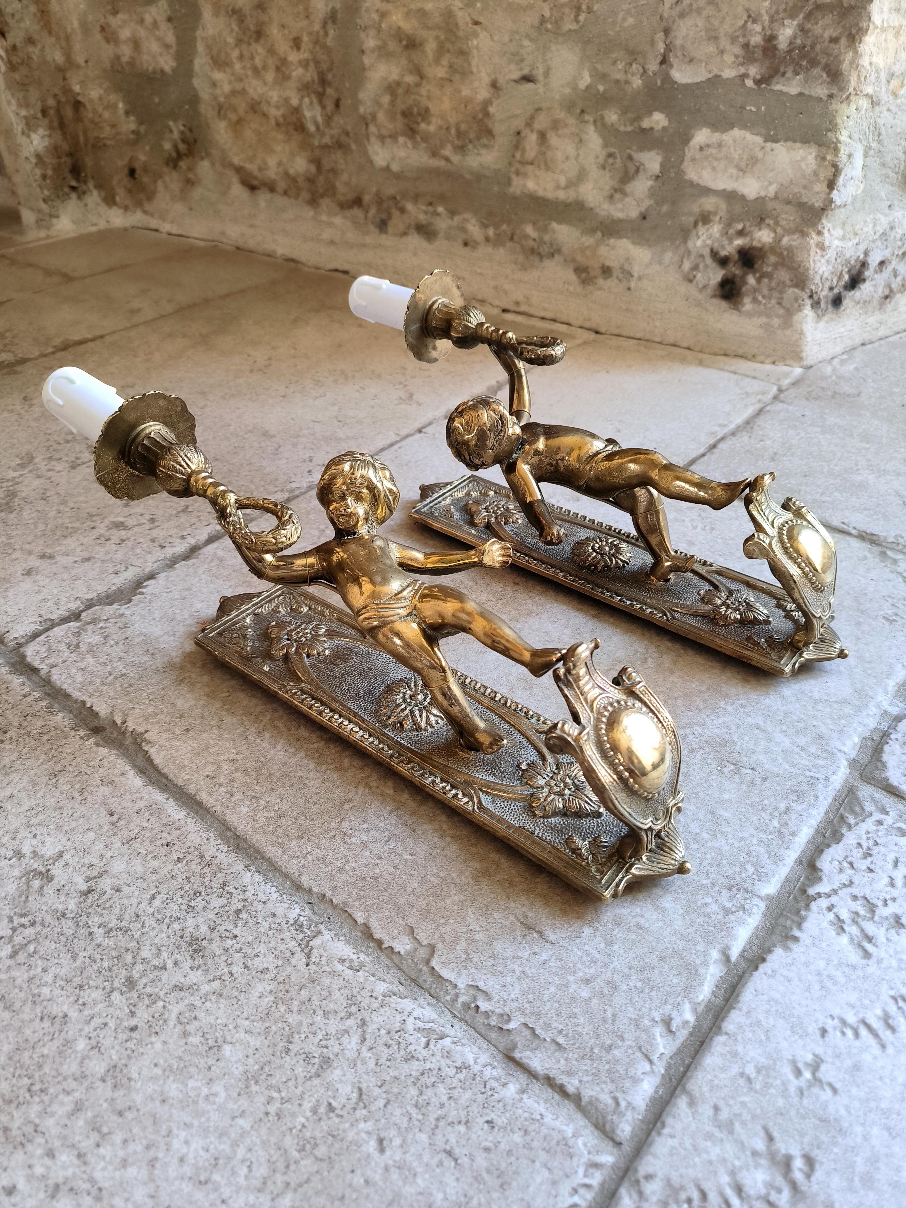 Pair of Italian, Neoclassical style, solid bronze Cherub sconces. Circa 1950s 2