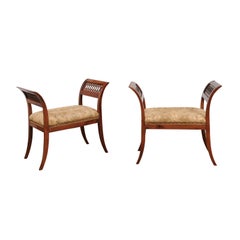 Pair of Italian Neoclassical Style Walnut Benches with Pierced Arms