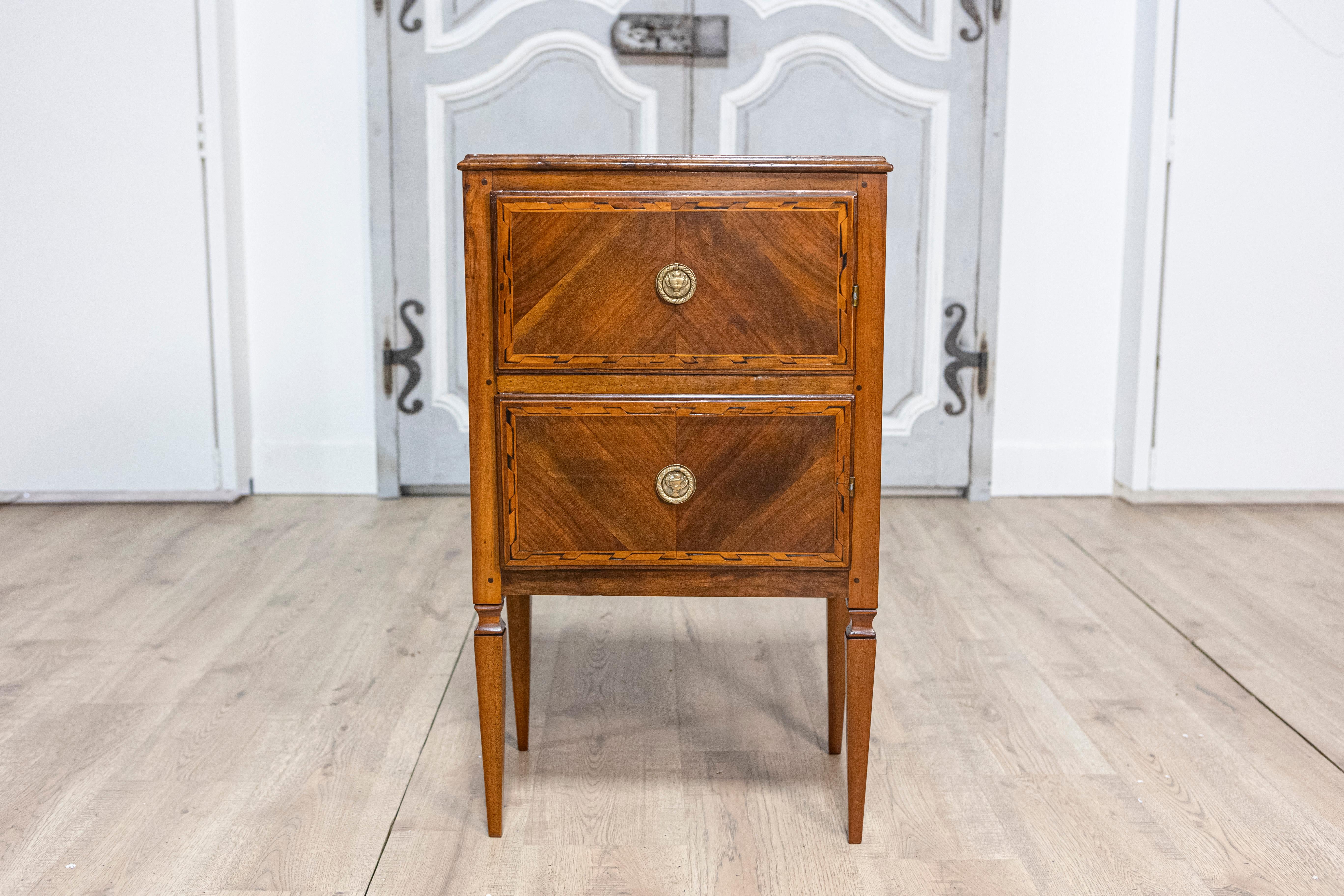19th Century Pair of Italian Neoclassical Style Walnut Nightstands with Bookmatched Veneer For Sale