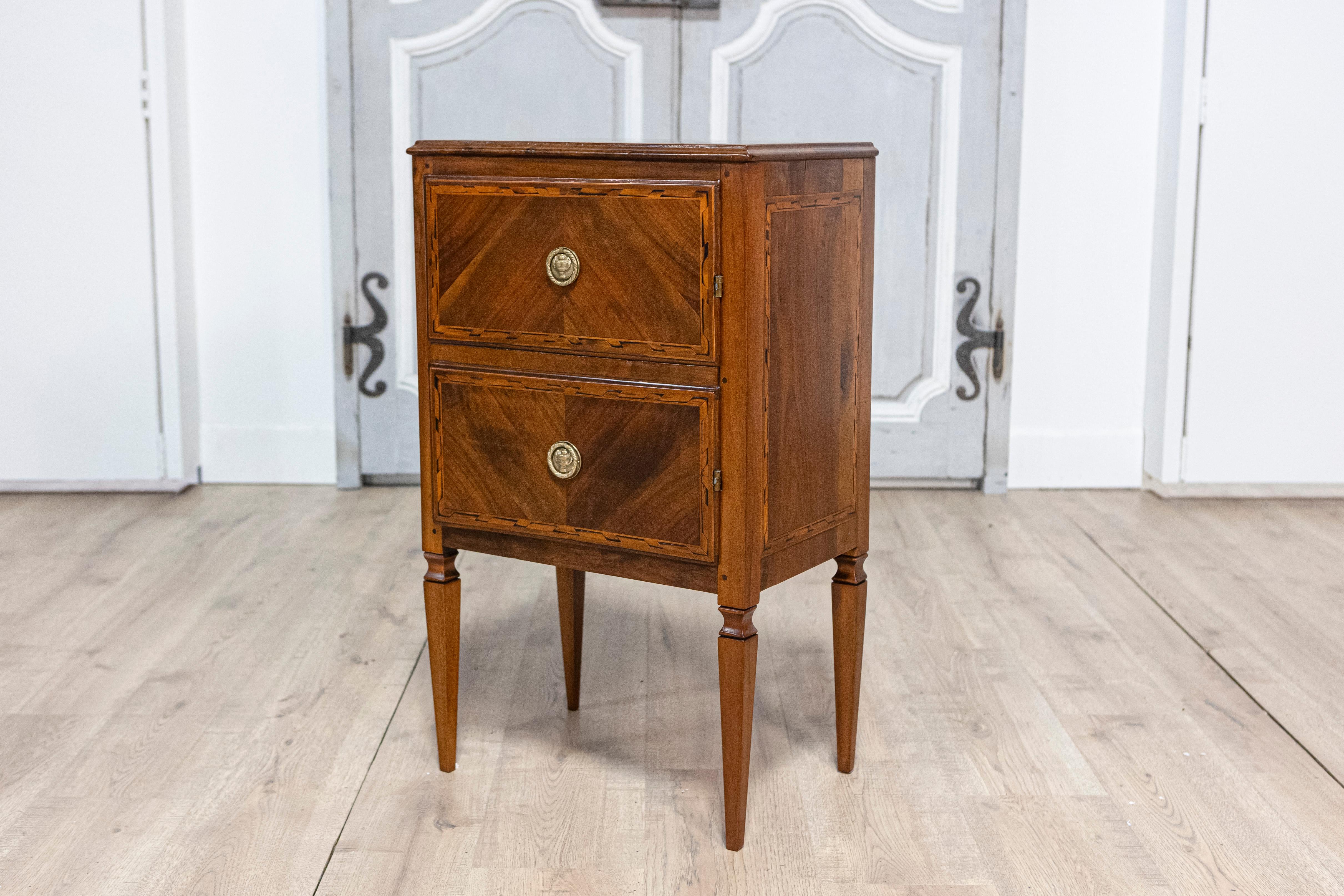 Brass Pair of Italian Neoclassical Style Walnut Nightstands with Bookmatched Veneer For Sale