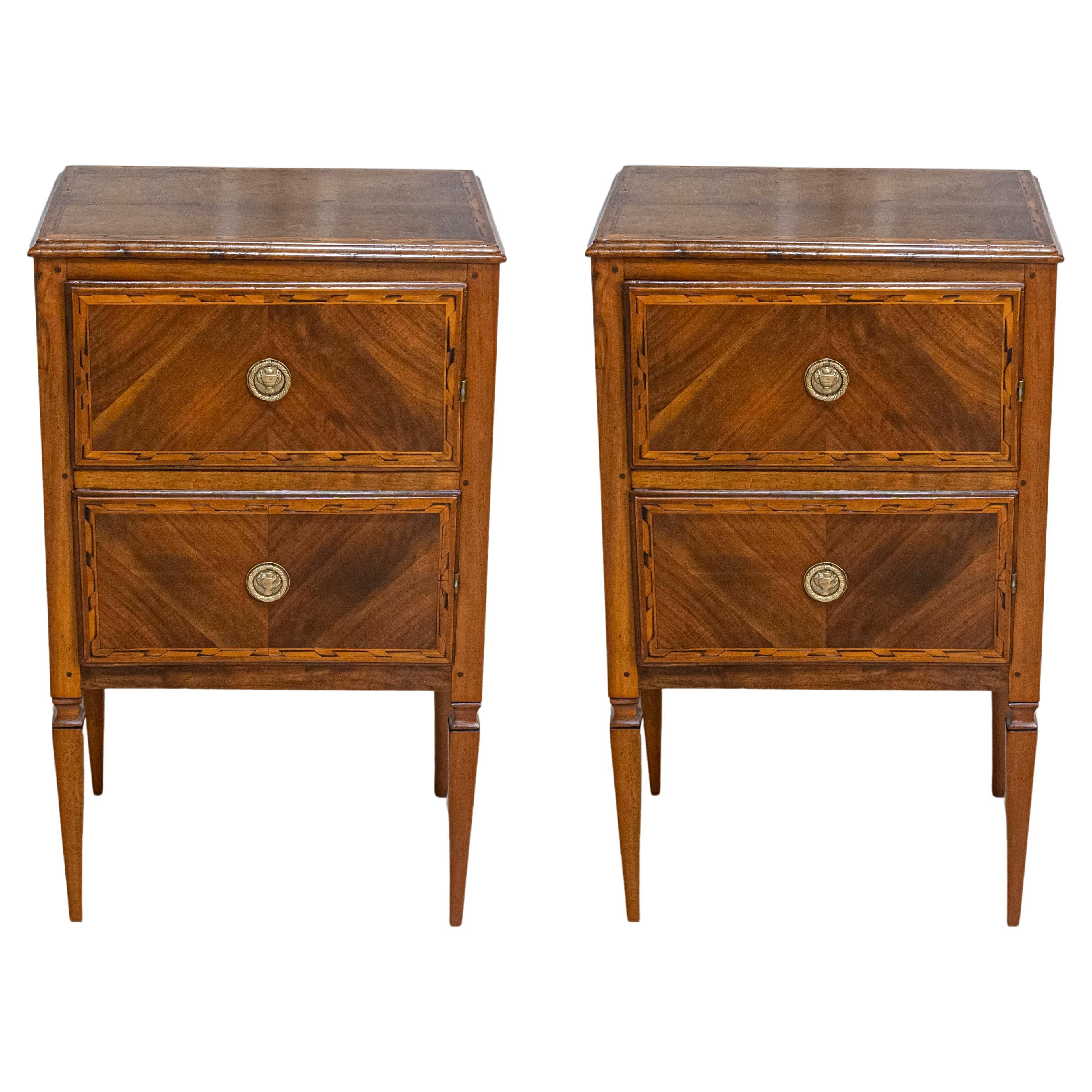 Pair of Italian Neoclassical Style Walnut Nightstands with Bookmatched Veneer For Sale