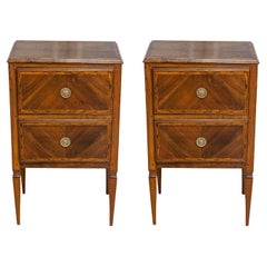 Antique Pair of Italian Neoclassical Style Walnut Nightstands with Bookmatched Veneer