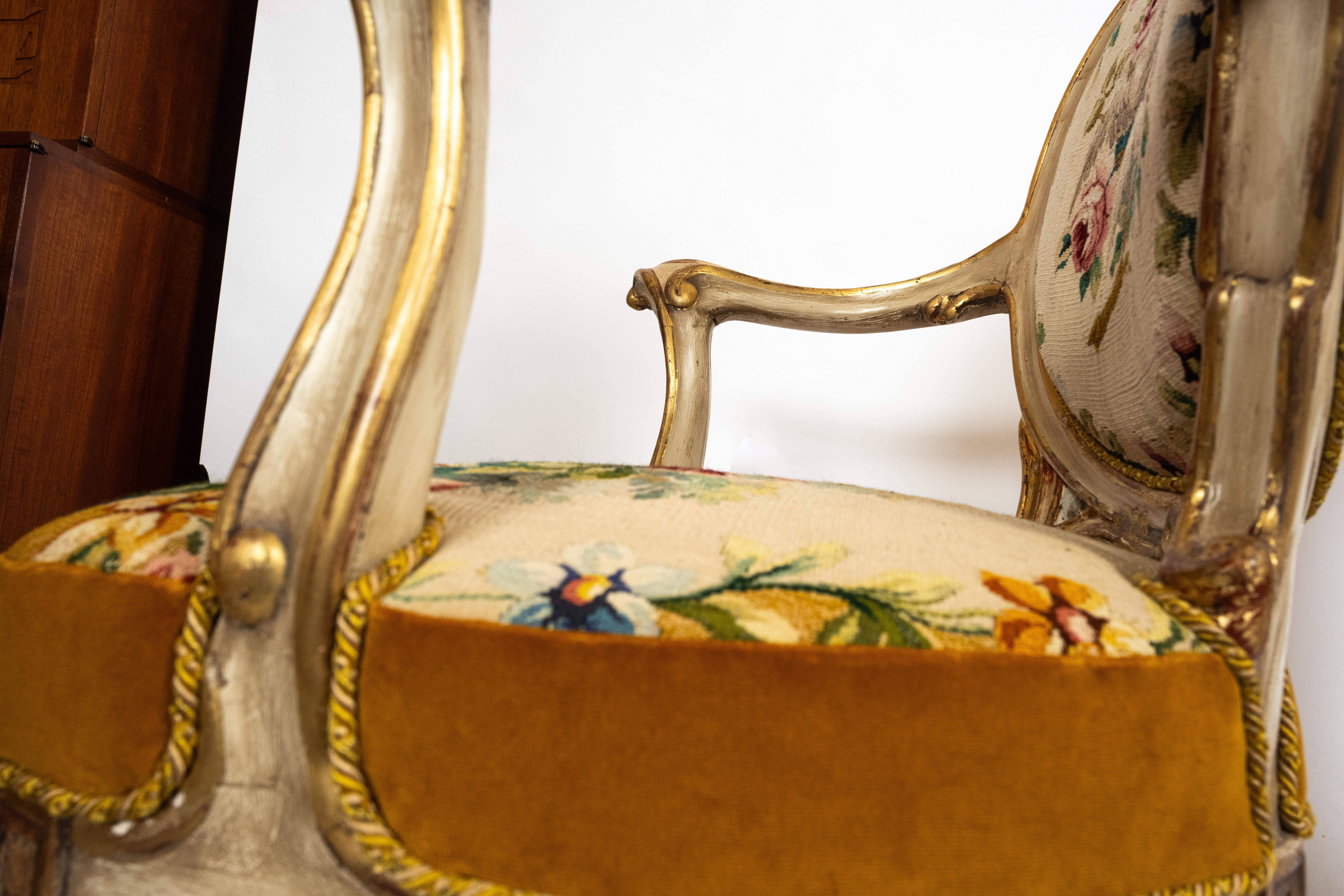 Velvet Pair of Italian Neoclassical Tapestry Armchairs For Sale