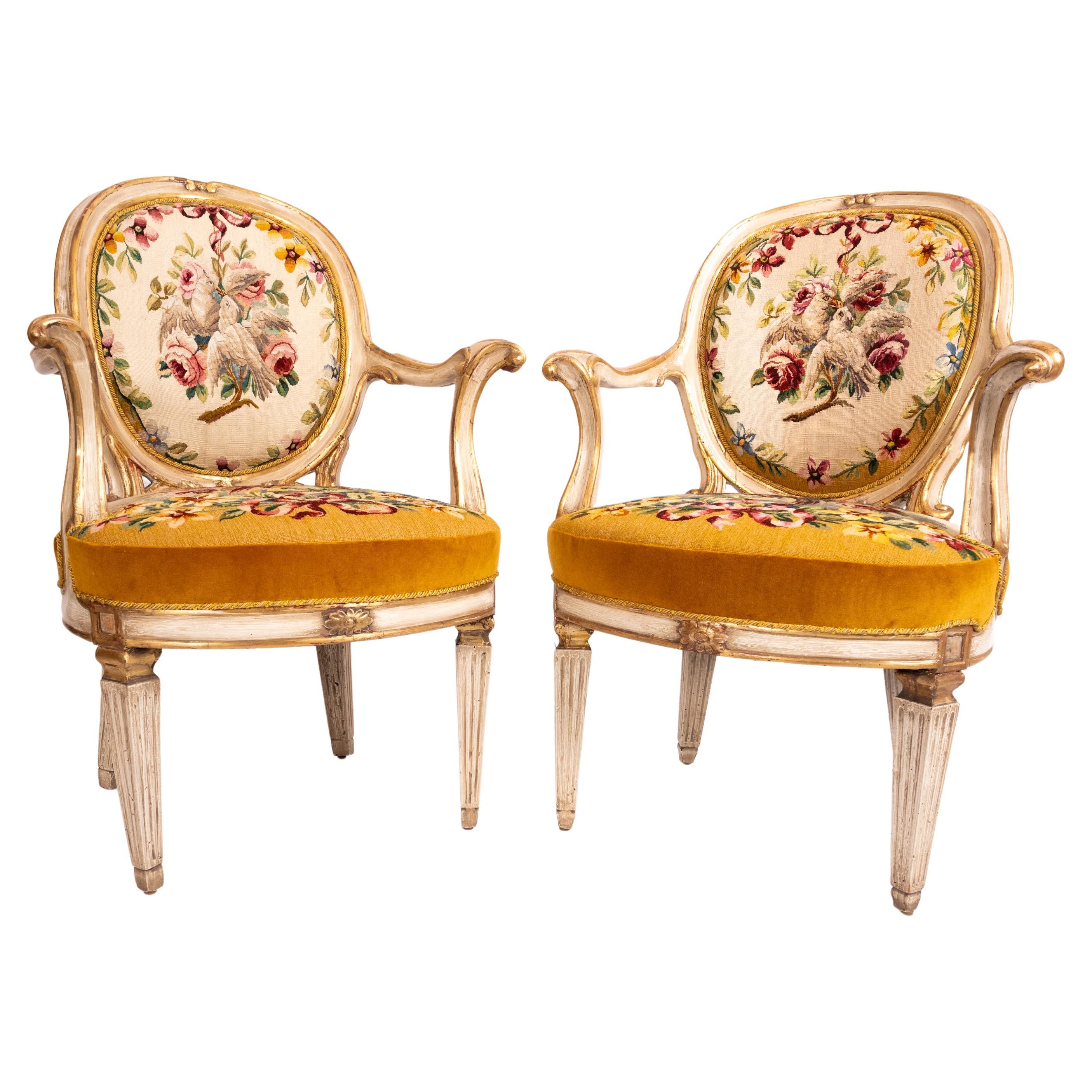 Pair of Italian Neoclassical Tapestry Armchairs For Sale