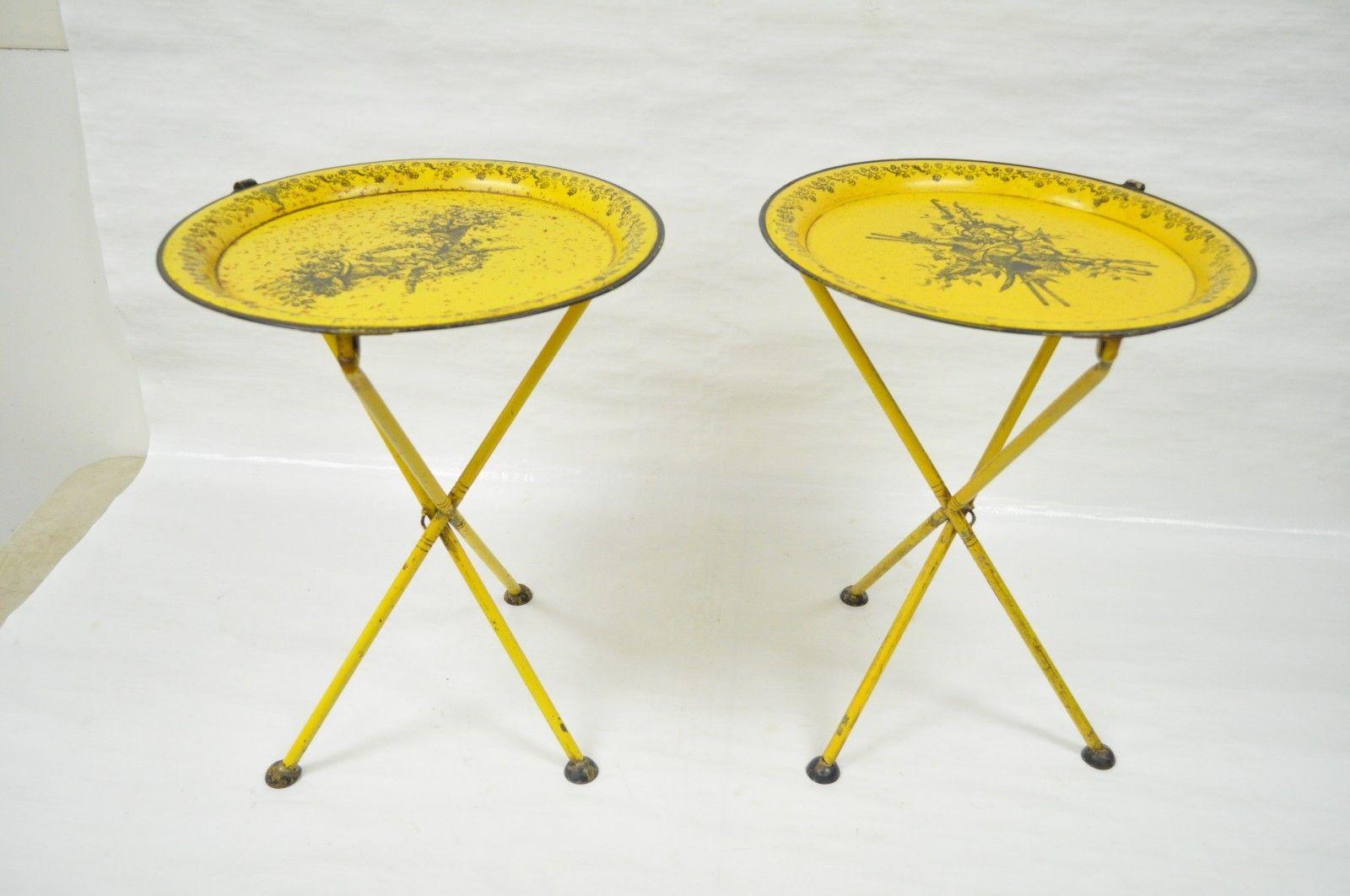 Pair of Italian Neoclassical Tole Metal Folding Side Tables Yellow Harvest 2