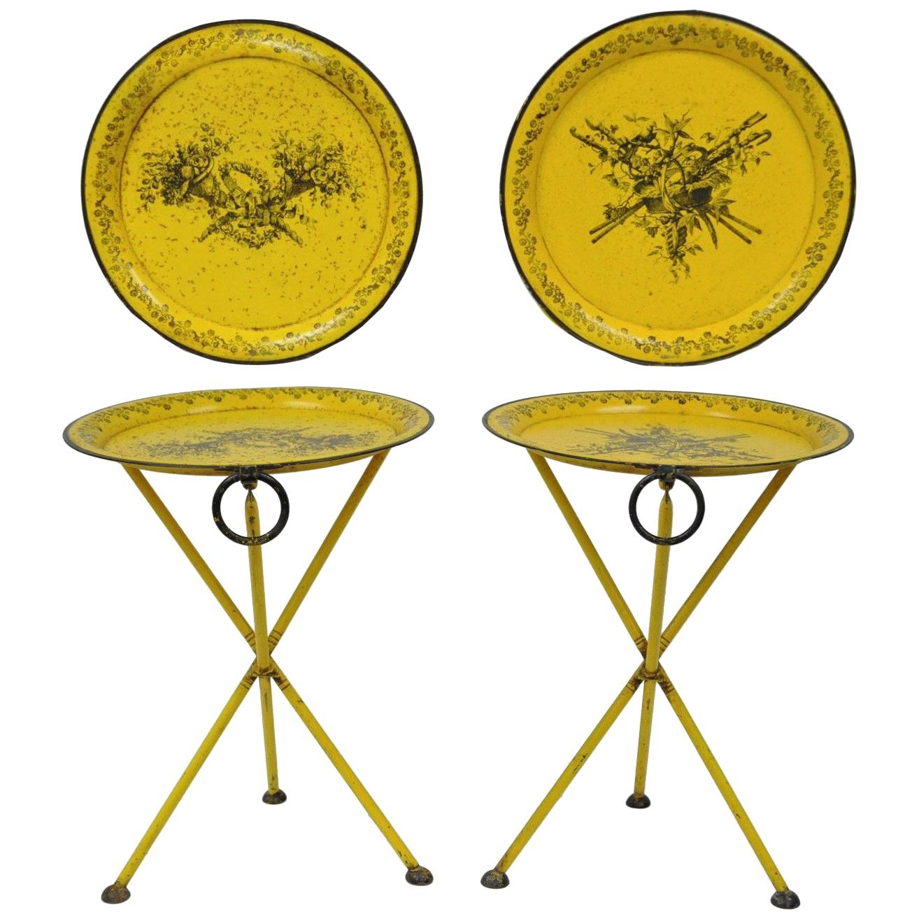 Pair of Italian Neoclassical Tole Metal Folding Side Tables Yellow Harvest