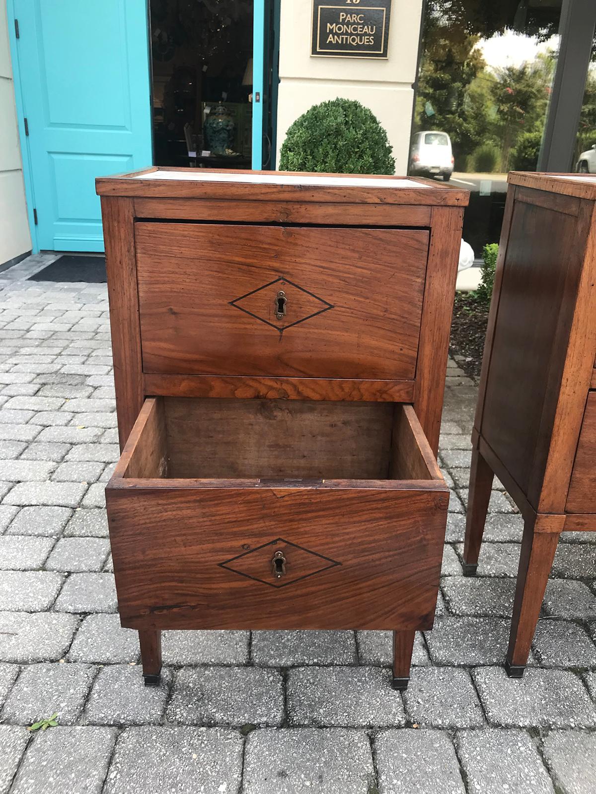 Pair of Italian Neoclassical Two-Drawer Bedside Commodes with Inset Marble 9