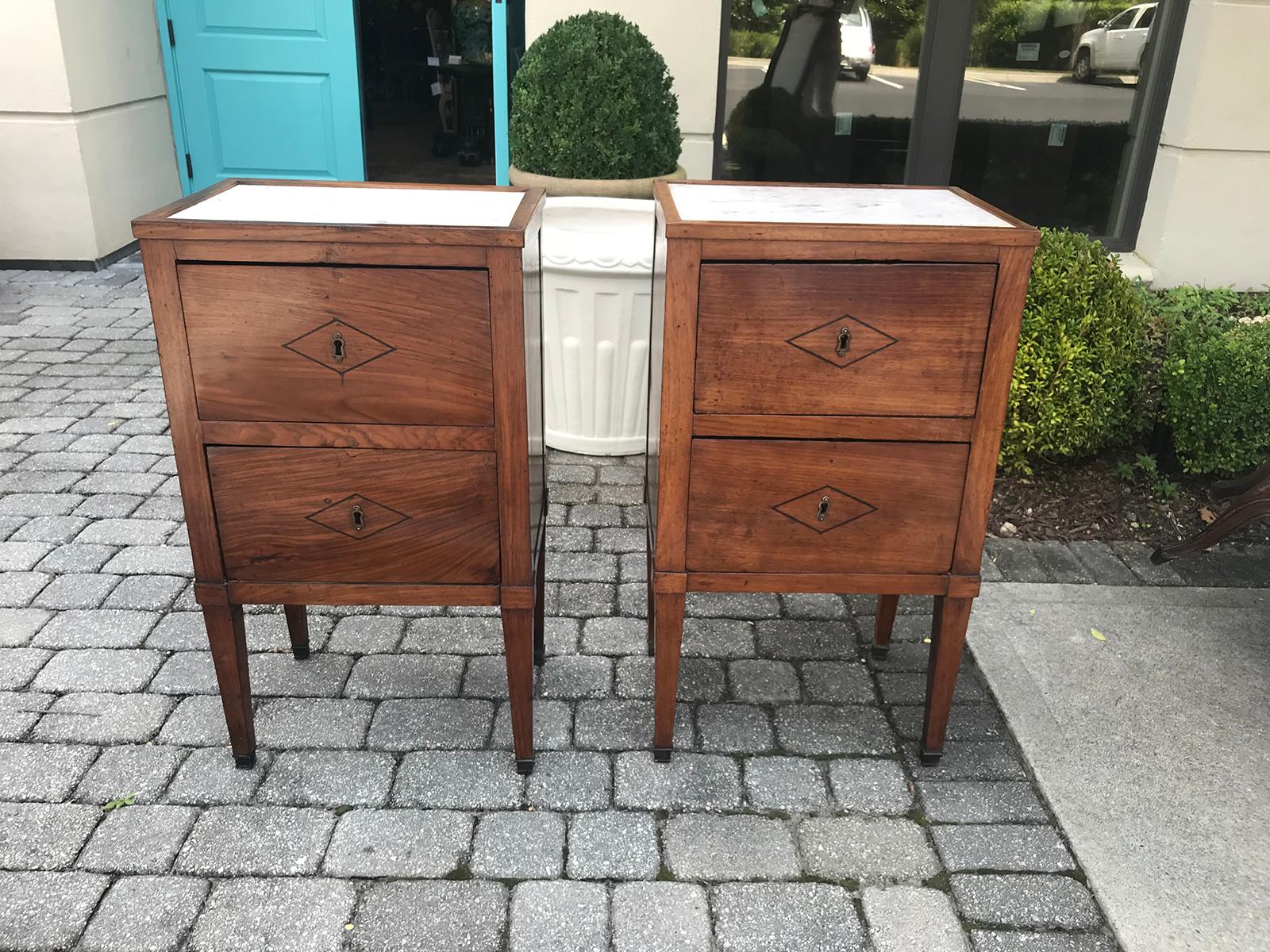 Pair of Italian Neoclassical Two-Drawer Bedside Commodes with Inset Marble In Good Condition In Atlanta, GA