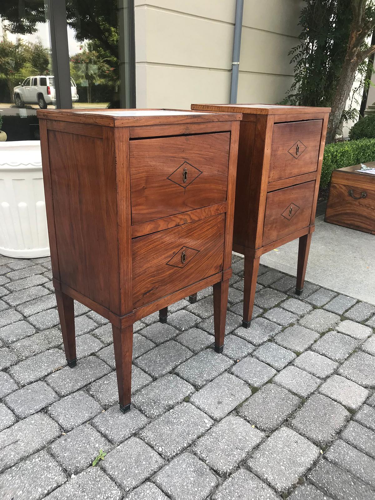 19th Century Pair of Italian Neoclassical Two-Drawer Bedside Commodes with Inset Marble