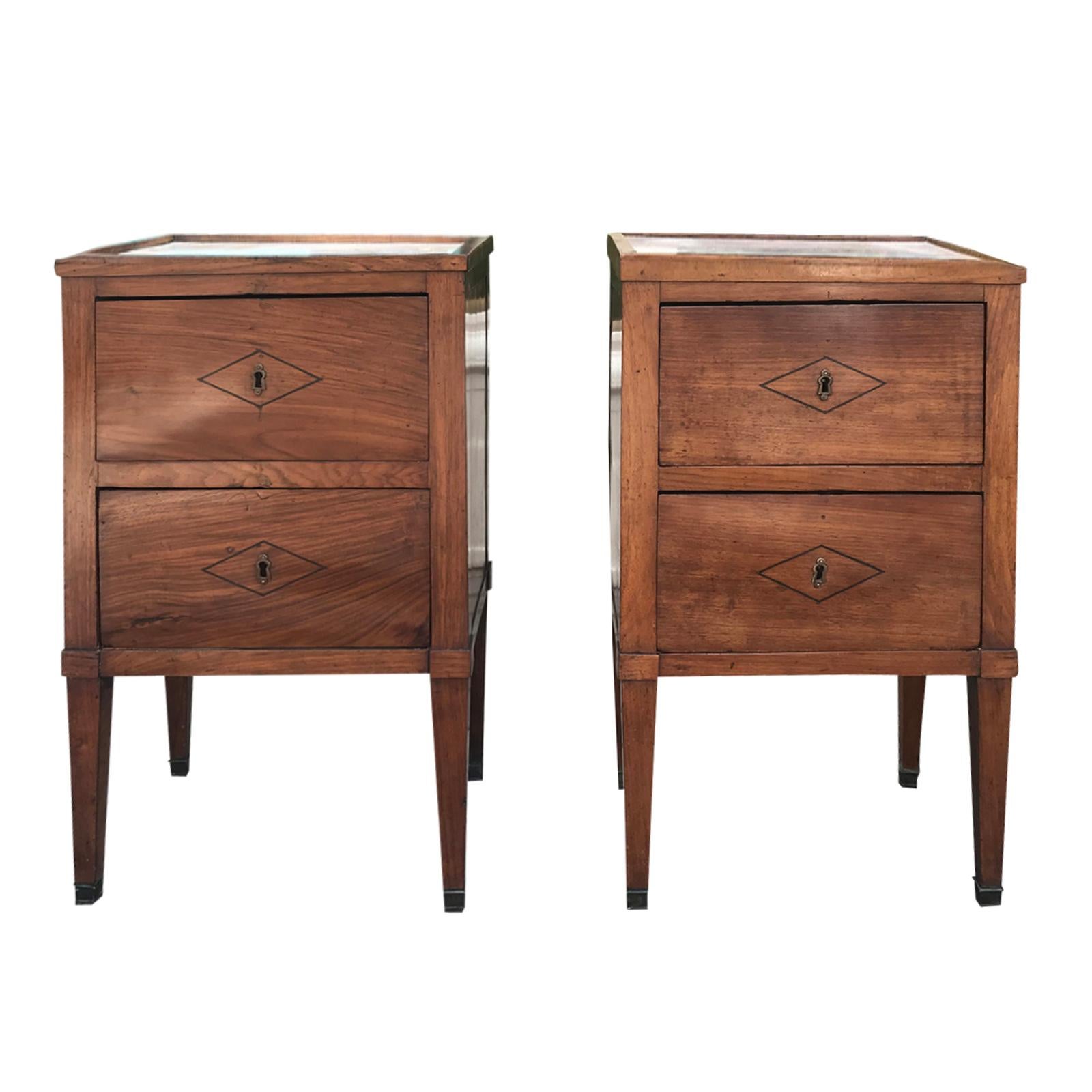 Pair of Italian Neoclassical Two-Drawer Bedside Commodes with Inset Marble