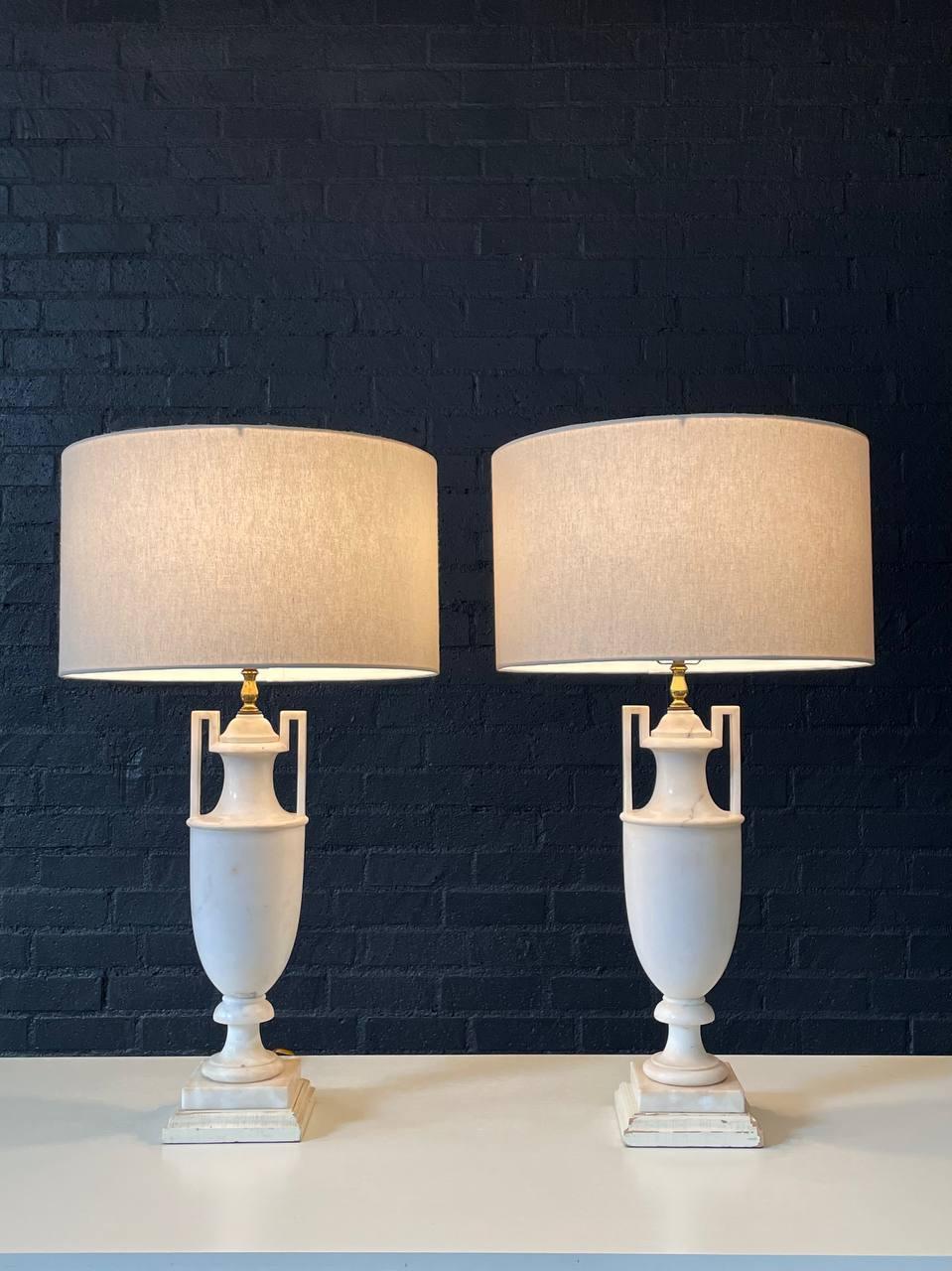 Condition: Newly Rewired, New Custom Linen Shades 

Materials: Alabaster,  Painted Wood Bases

Dimensions: 
31”H x 6”W x 6”D
Shade:
10