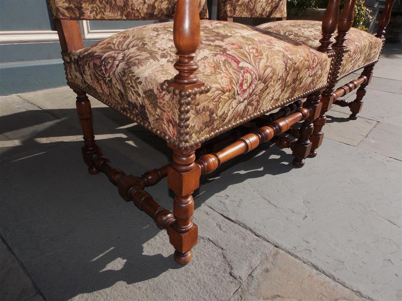 Pair of Italian Neoclassical Walnut Acanthus Upholstered Armchairs, Circa 1850 For Sale 4