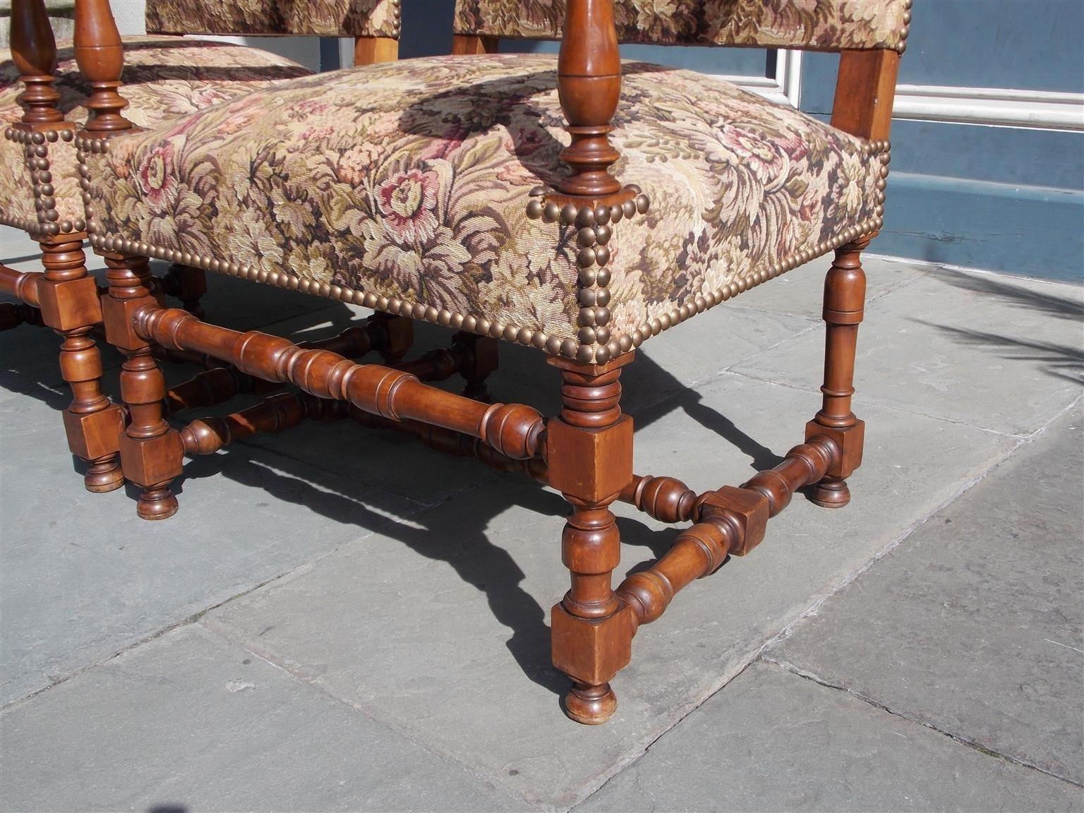Pair of Italian Neoclassical Walnut Acanthus Upholstered Armchairs, Circa 1850 For Sale 5