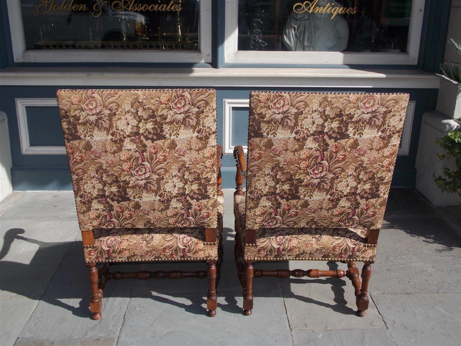 Pair of Italian Neoclassical Walnut Acanthus Upholstered Armchairs, Circa 1850 For Sale 6