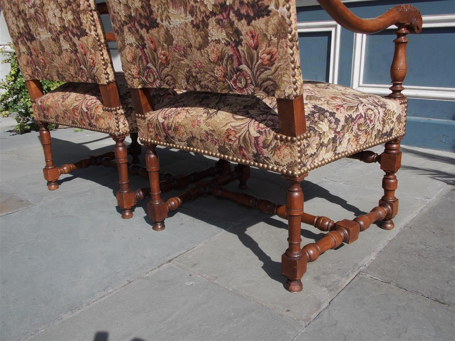 Pair of Italian Neoclassical Walnut Acanthus Upholstered Armchairs, Circa 1850 For Sale 9