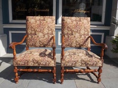 Pair of Italian Neoclassical Walnut Acanthus Upholstered Armchairs, Circa 1850