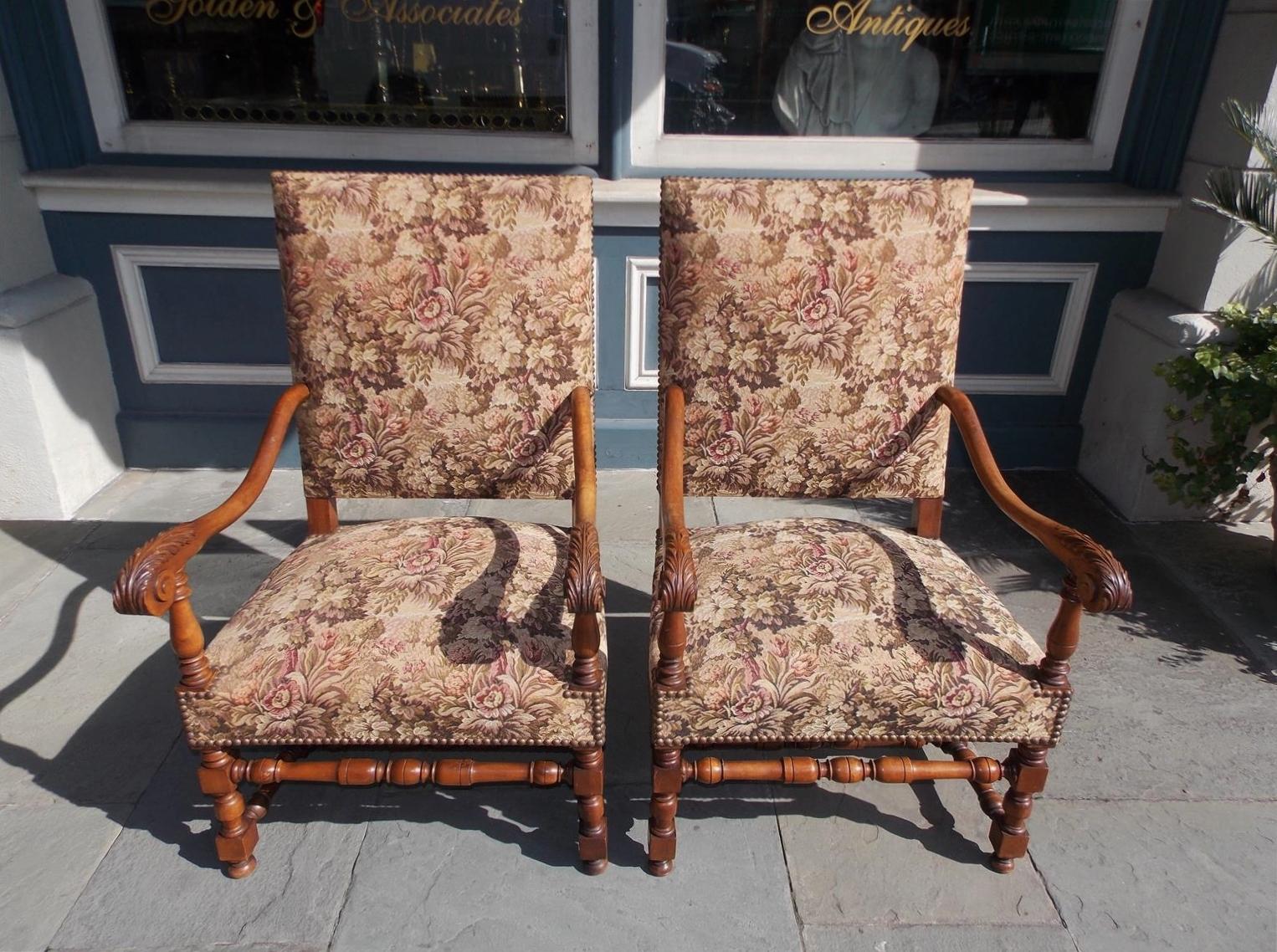 Cast Pair of Italian Neoclassical Walnut Acanthus Upholstered Armchairs, Circa 1850 For Sale