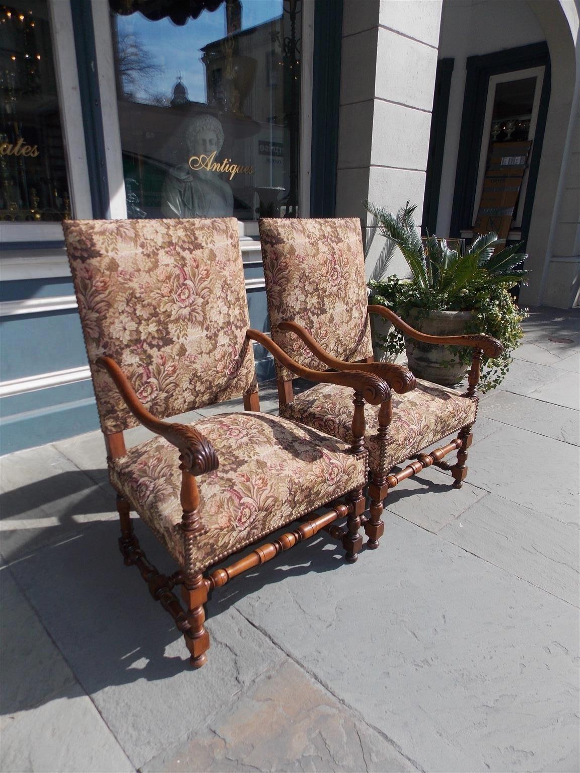 Pair of Italian Neoclassical Walnut Acanthus Upholstered Armchairs, Circa 1850 In Excellent Condition For Sale In Hollywood, SC