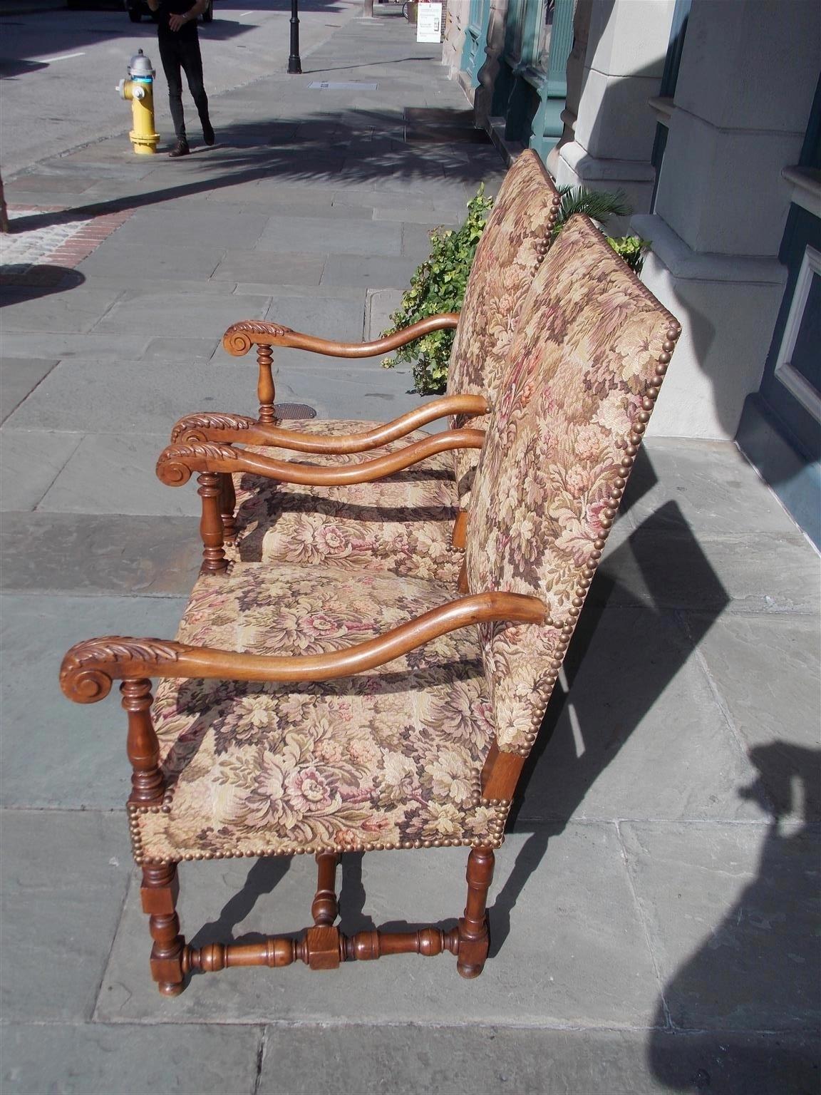 Brass Pair of Italian Neoclassical Walnut Acanthus Upholstered Armchairs, Circa 1850 For Sale