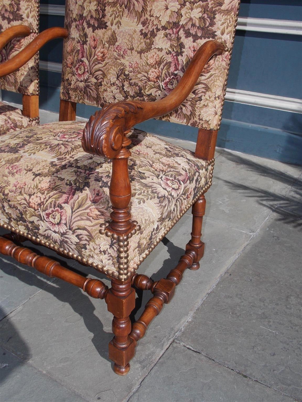 Pair of Italian Neoclassical Walnut Acanthus Upholstered Armchairs, Circa 1850 For Sale 1