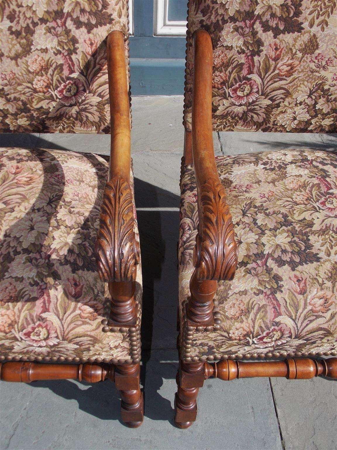 Pair of Italian Neoclassical Walnut Acanthus Upholstered Armchairs, Circa 1850 For Sale 2