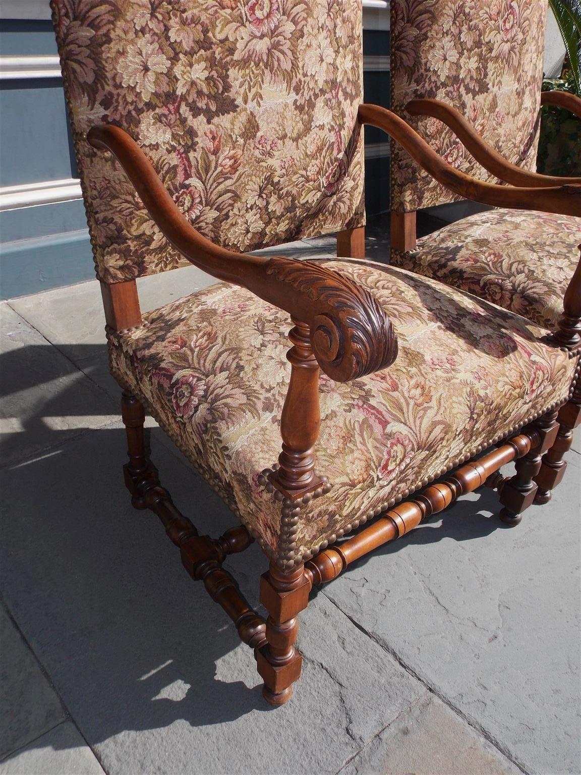 Pair of Italian Neoclassical Walnut Acanthus Upholstered Armchairs, Circa 1850 For Sale 3