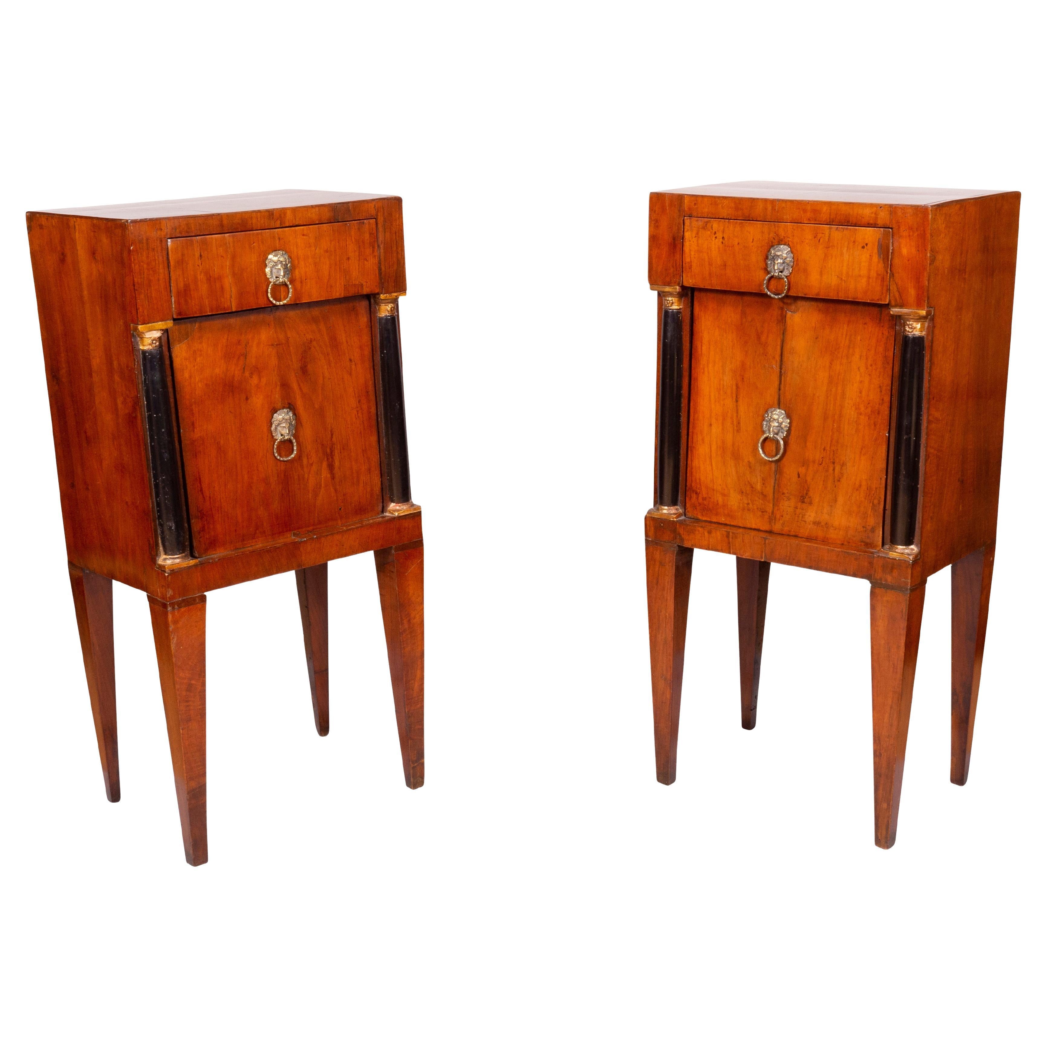 Pair of Italian Neoclassical Walnut and Ebonized Commodinis For Sale