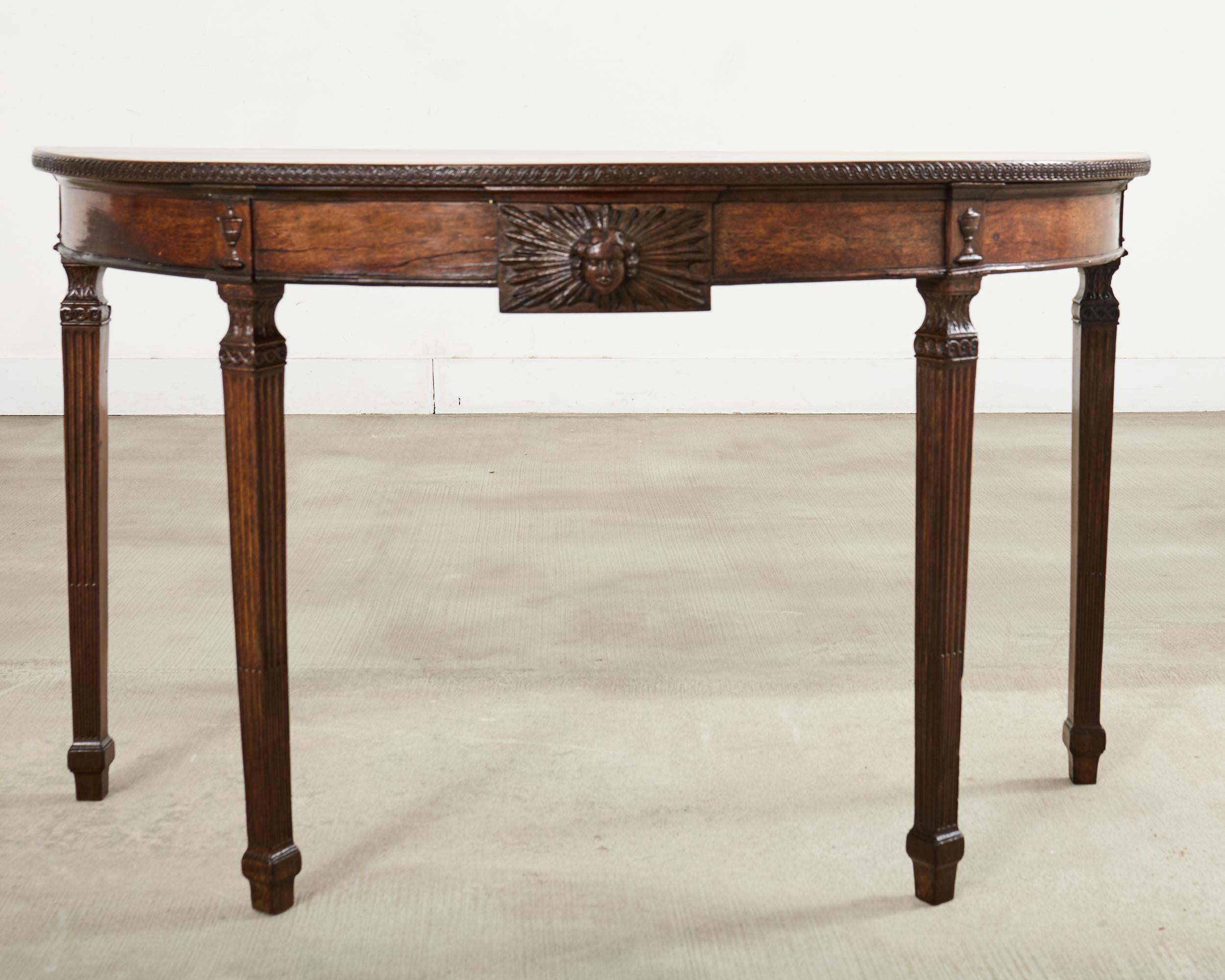 Pair of Italian Neoclassical Walnut Apollo Sunburst Demilunes For Sale 1