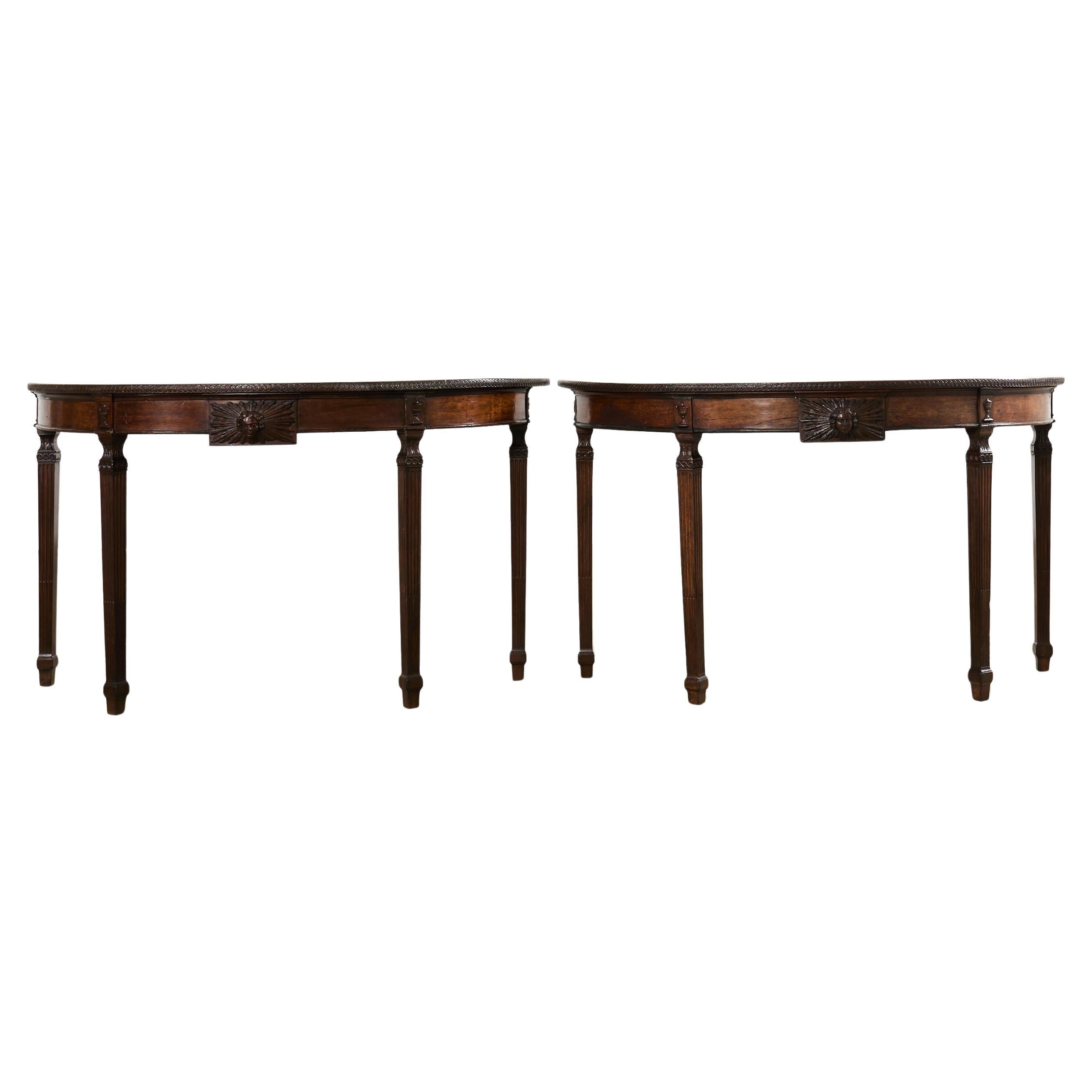 Pair of Italian Neoclassical Walnut Apollo Sunburst Demilunes For Sale