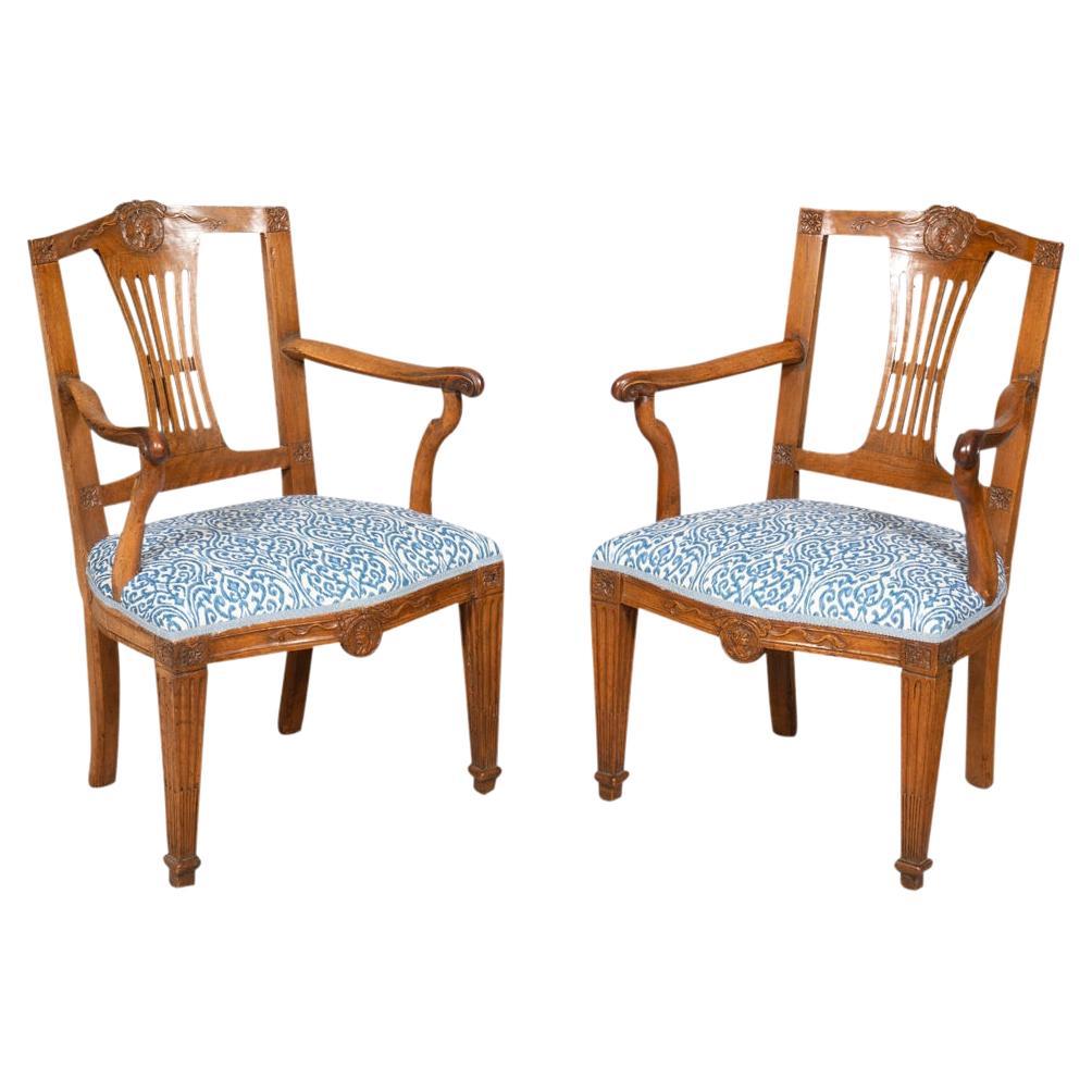 Pair of Italian Neoclassical Walnut Armchairs For Sale