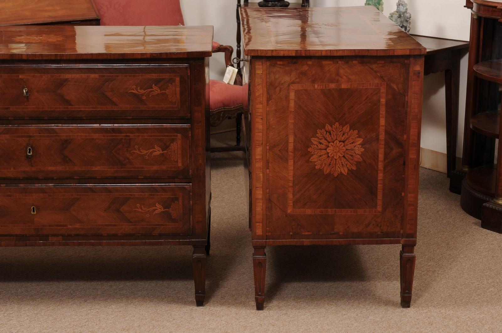 Pair of Italian Neoclassical Walnut Commodes with Foliage Design, 19th Century For Sale 11