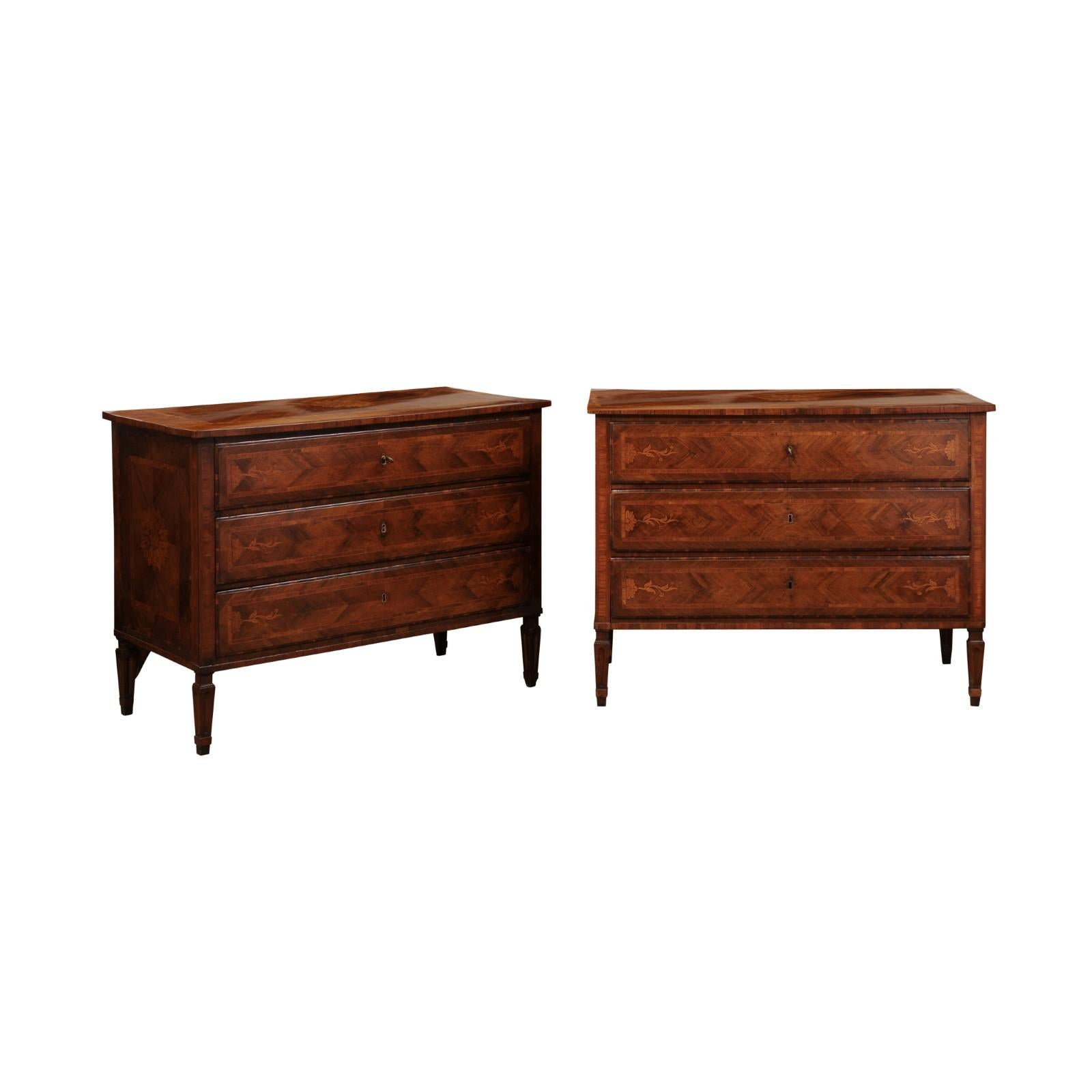 Pair of Italian neoclassical Walnut Commodes with Foliage Design, early 19th century.