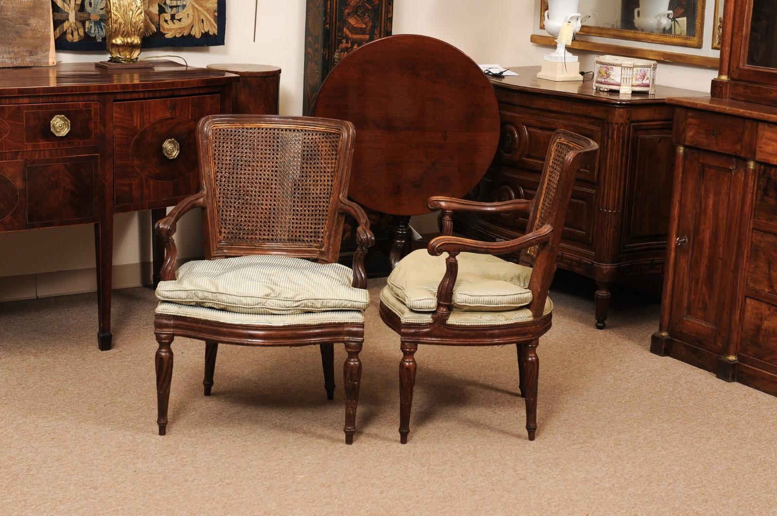 Pair of Italian Neoclassical Walnut Fauteuils with Cane Backs For Sale 6