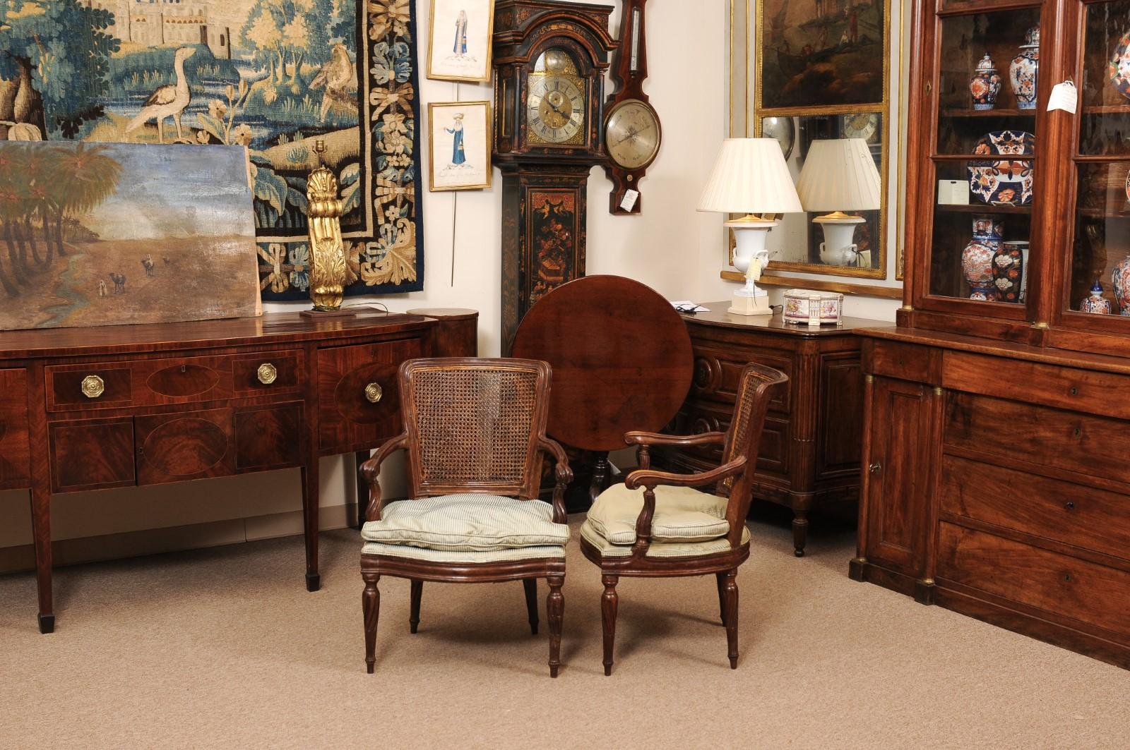 Pair of Italian Neoclassical Walnut Fauteuils with Cane Backs For Sale 7