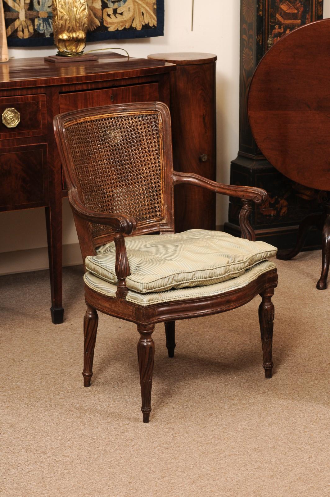 Pair of Italian Neoclassical Walnut Fauteuils with Cane Backs In Fair Condition For Sale In Atlanta, GA