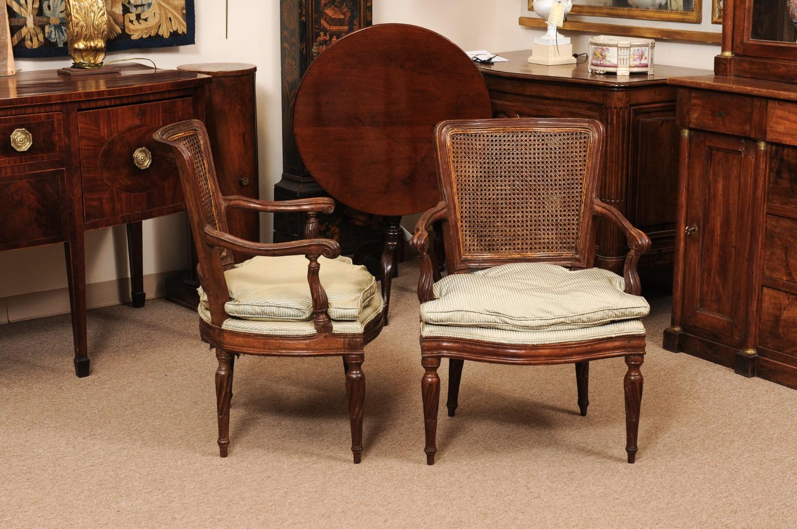 Pair of Italian Neoclassical Walnut Fauteuils with Cane Backs For Sale 2
