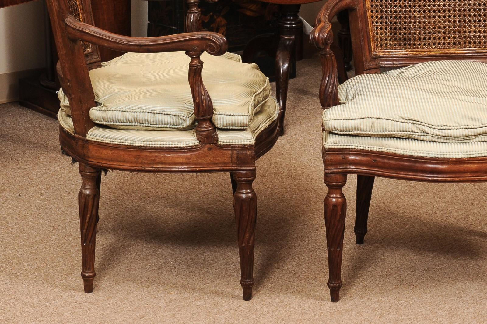 Pair of Italian Neoclassical Walnut Fauteuils with Cane Backs For Sale 3