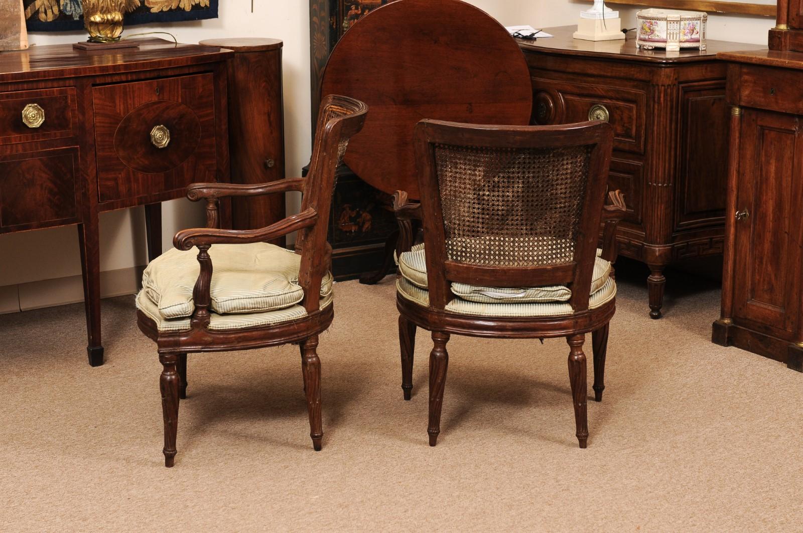 Pair of Italian Neoclassical Walnut Fauteuils with Cane Backs For Sale 5