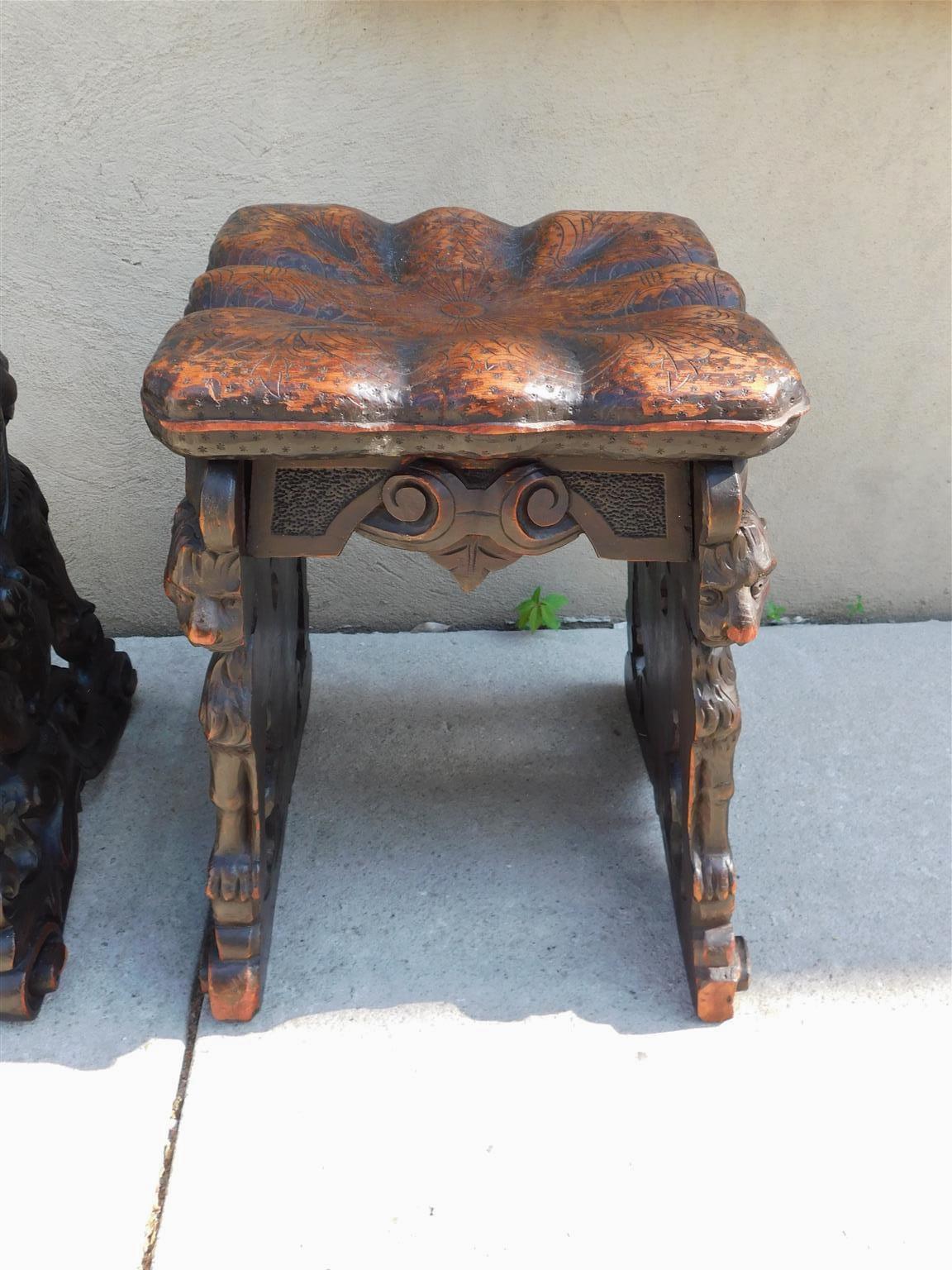 Pair of Italian Neoclassical Walnut Figural Lion Pillow Top Stools, Circa 1810  For Sale 5