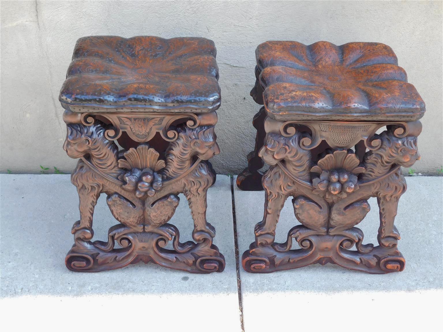 Hand-Carved Pair of Italian Neoclassical Walnut Figural Lion Pillow Top Stools, Circa 1810  For Sale