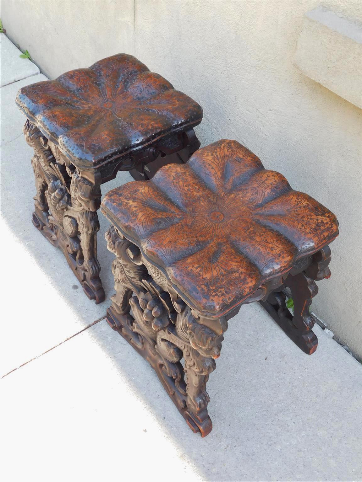 Early 19th Century Pair of Italian Neoclassical Walnut Figural Lion Pillow Top Stools, Circa 1810  For Sale