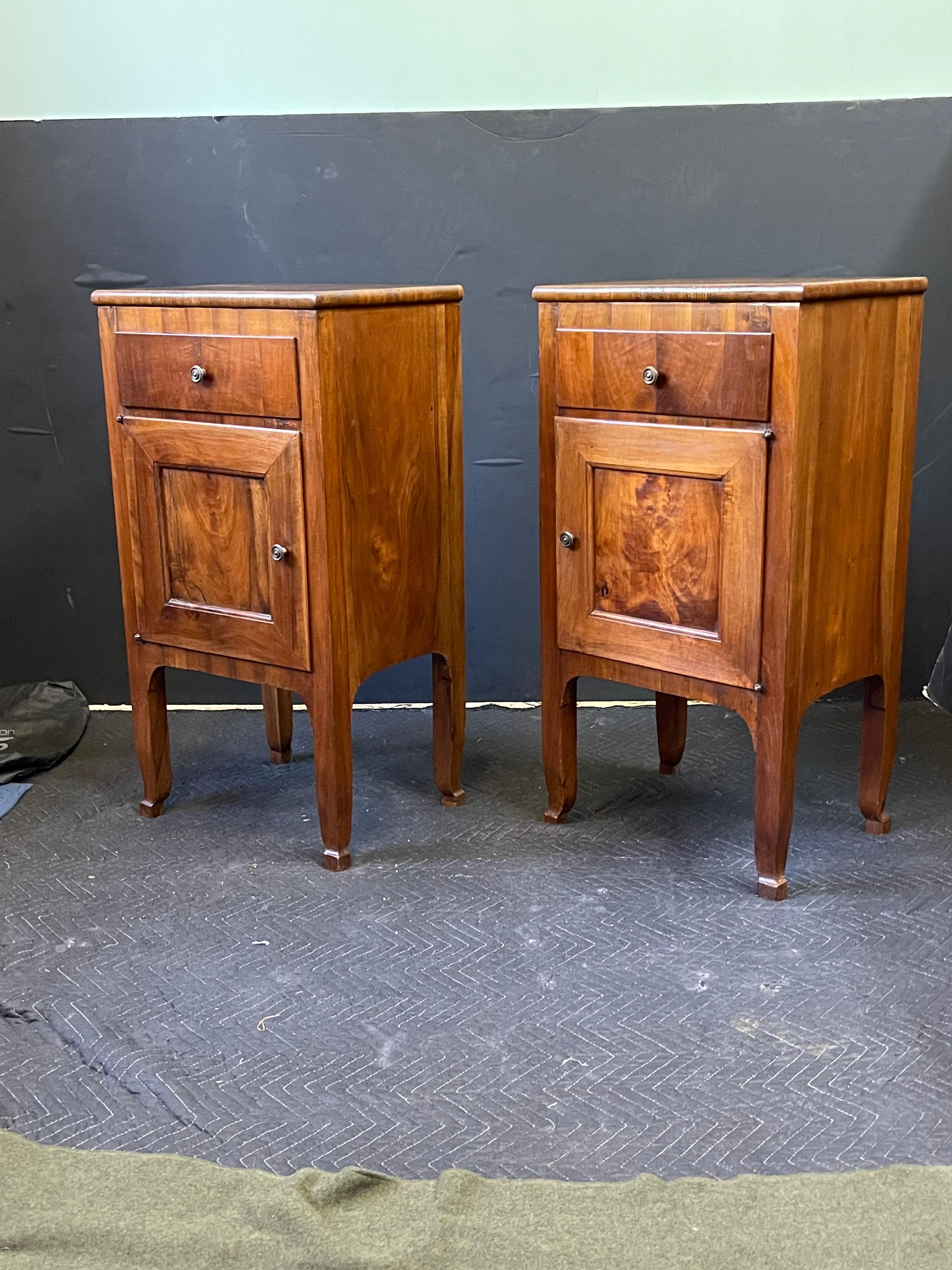 Brass Pair of Italian Neoclassical Walnut Side Cabinets or Nightstands 
