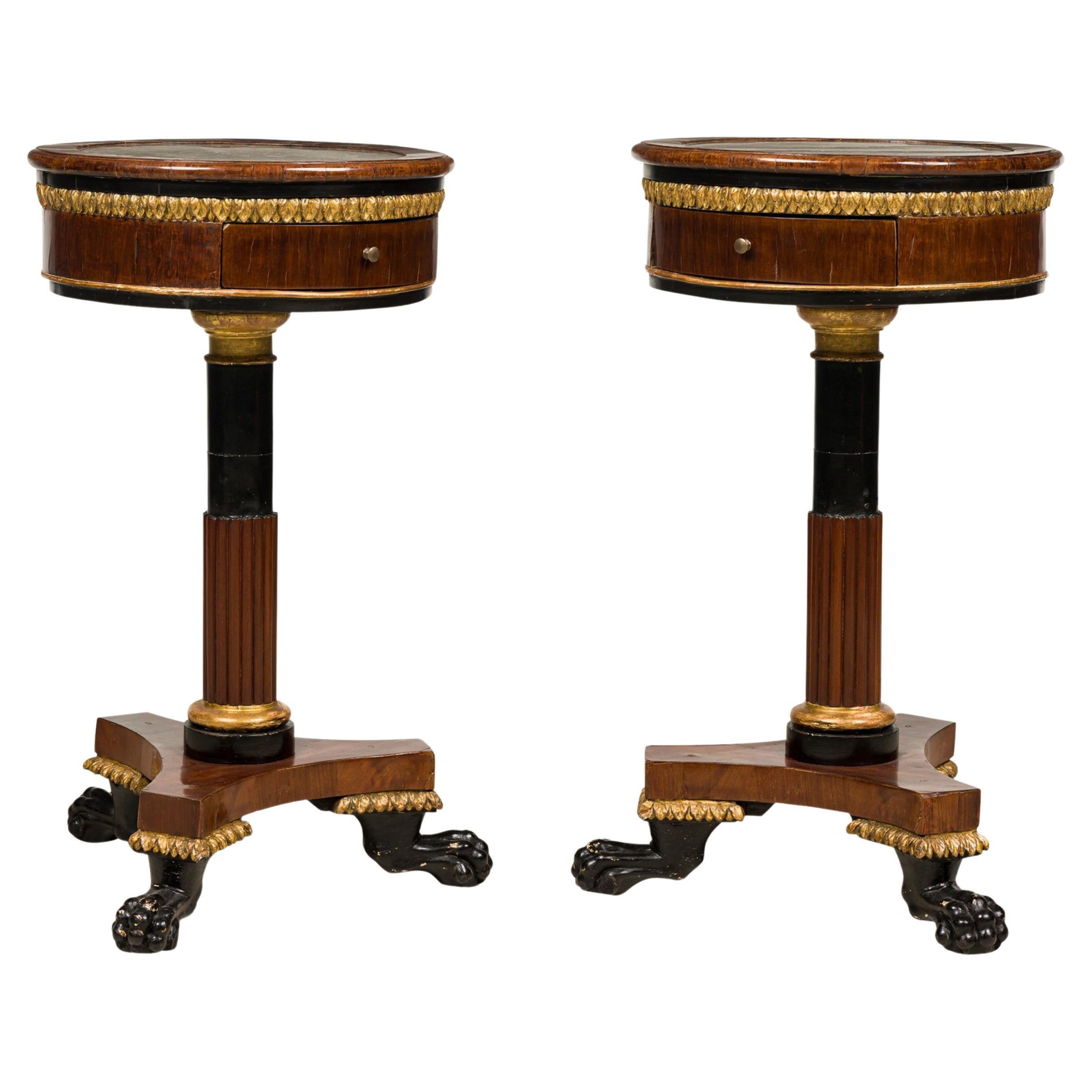 Pair of Italian Neoclassicalal Mahogany and Marble Gueirdon End Table For Sale