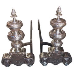 Pair of Italian Nickel Silver & Copper Flame Finial Acanthus Andirons. C.1850
