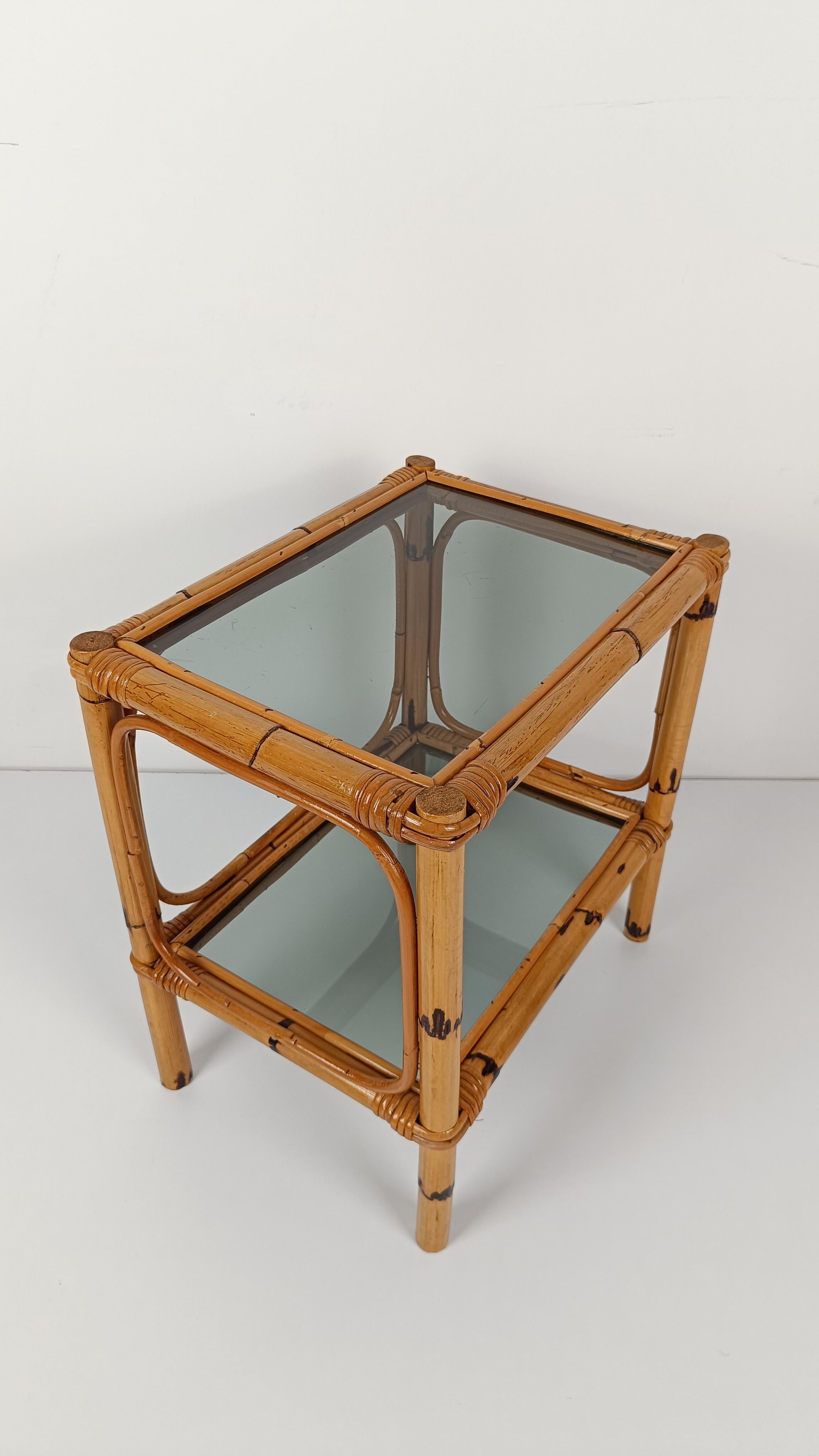 Pair of Italian Night Stand / Side Table in Bamboo, Rattan and Smoked Glass, 70s For Sale 5