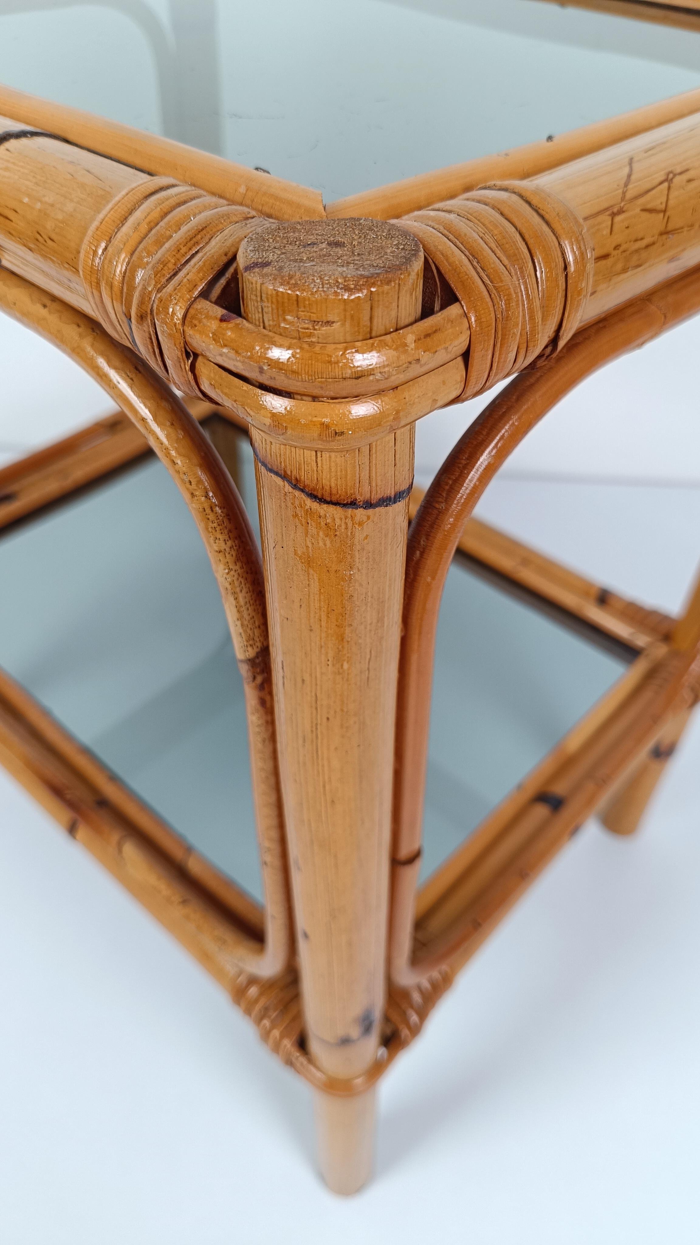 Pair of Italian Night Stand / Side Table in Bamboo, Rattan and Smoked Glass, 70s For Sale 6