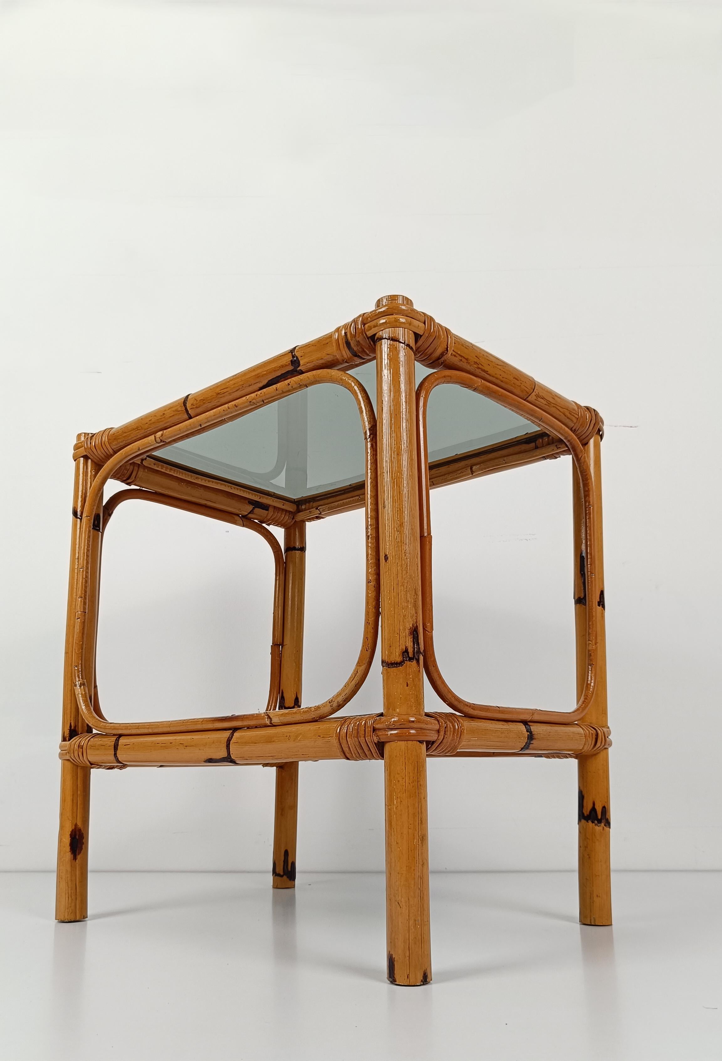 Pair of Italian Night Stand / Side Table in Bamboo, Rattan and Smoked Glass, 70s For Sale 7