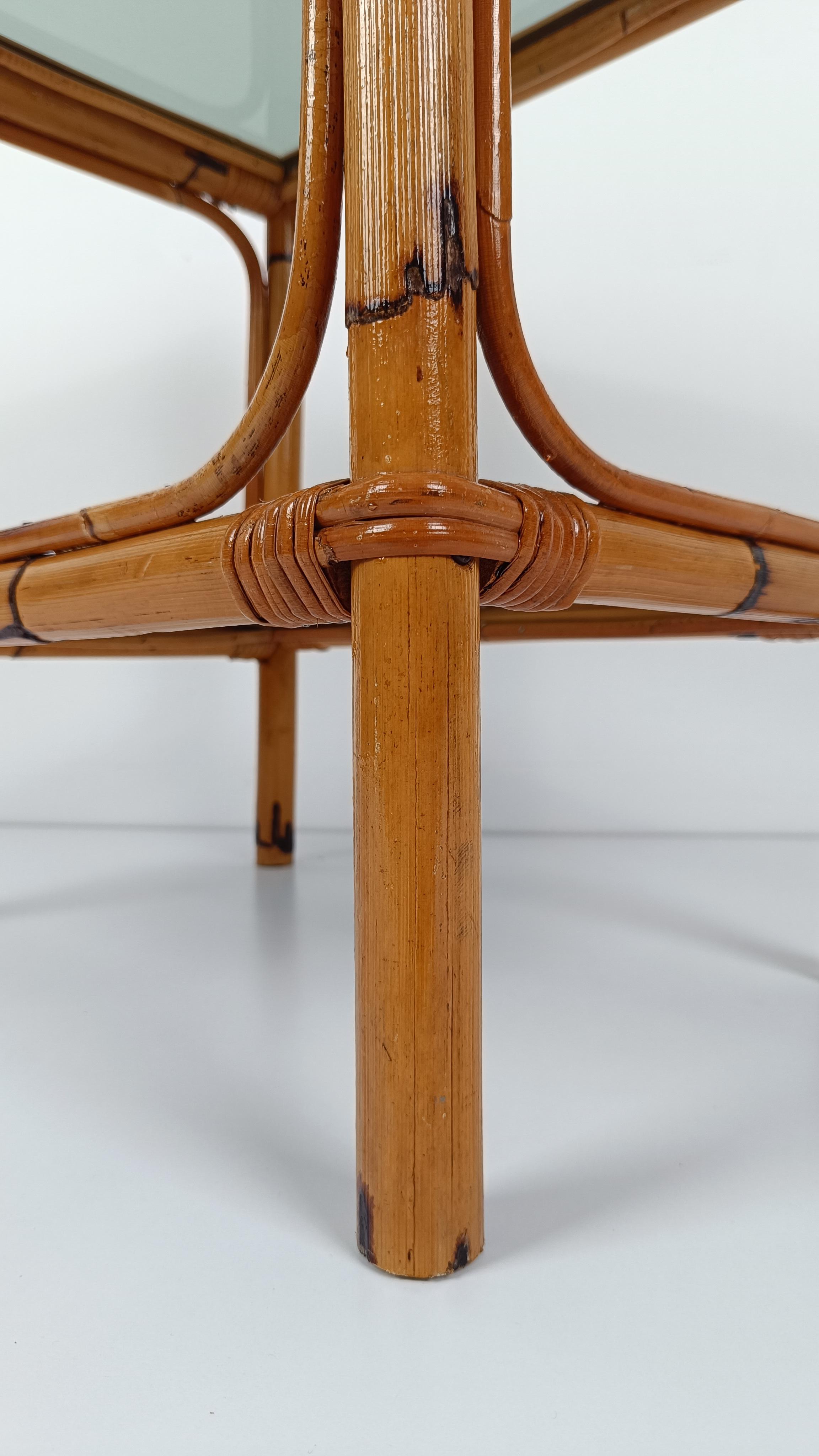 Pair of Italian Night Stand / Side Table in Bamboo, Rattan and Smoked Glass, 70s For Sale 8